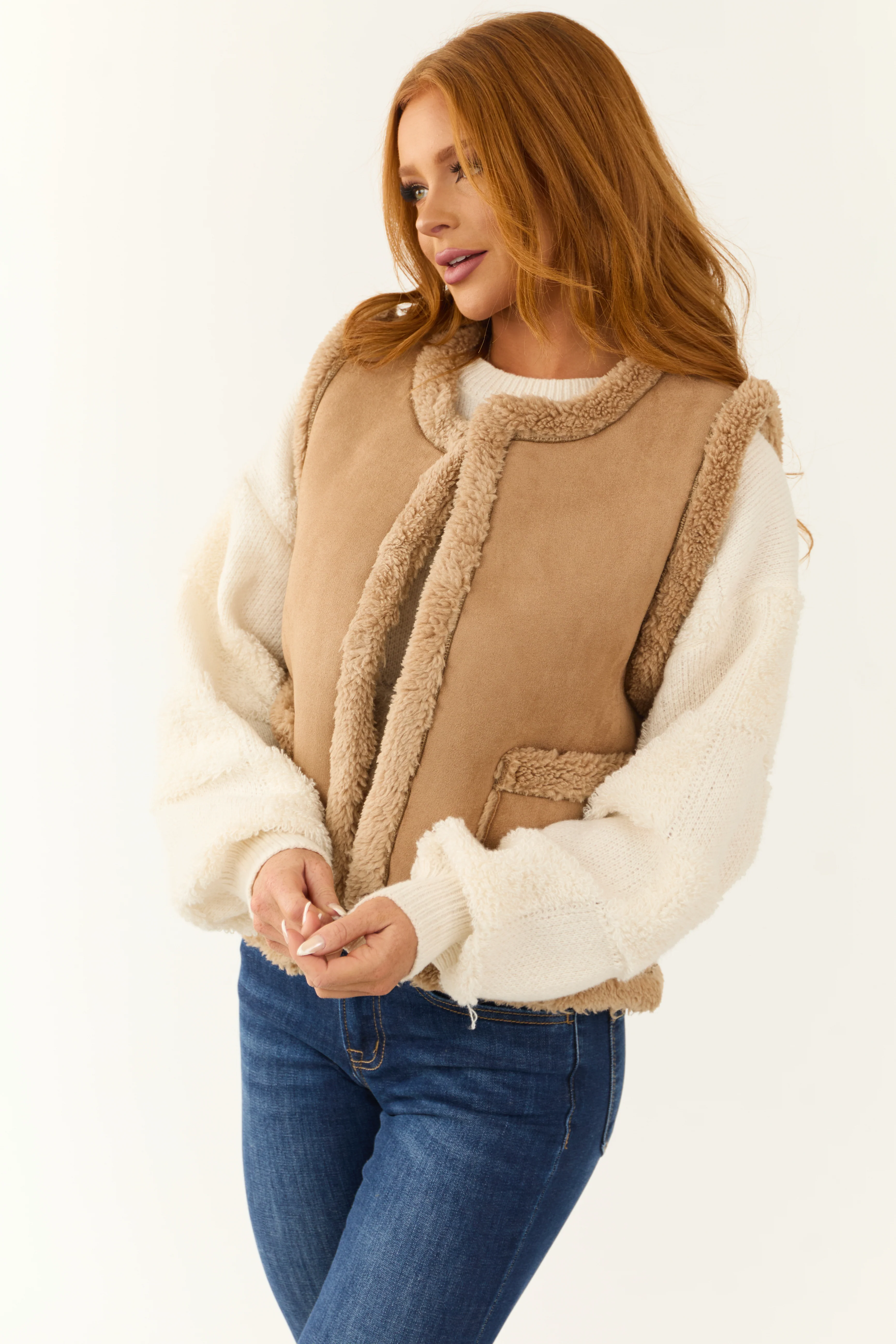 Coffee Faux Suede Sherpa Lined Vest - LD SALE