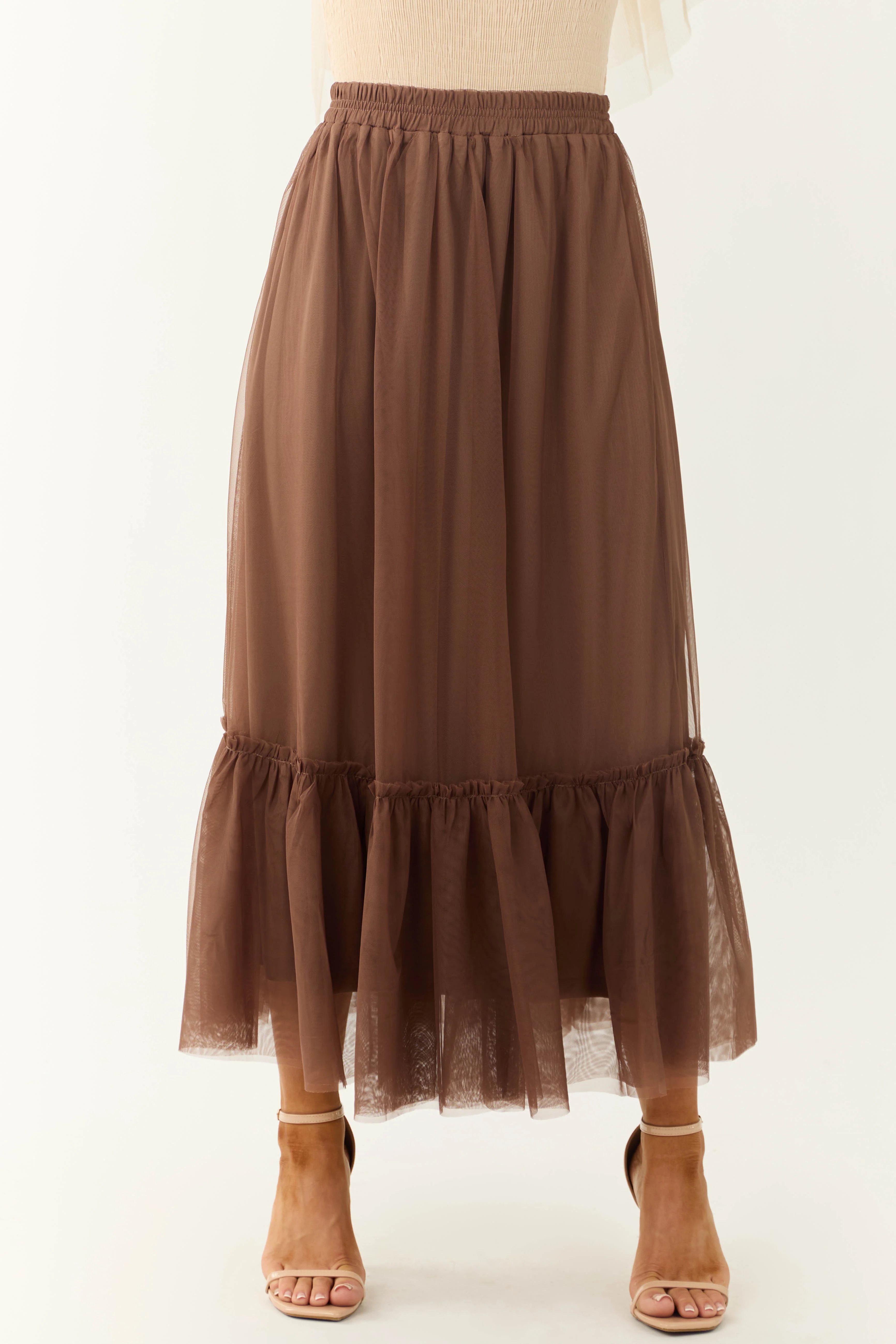Coffee Tulle Ruffle Hem Maxi Skirt - LD SALE