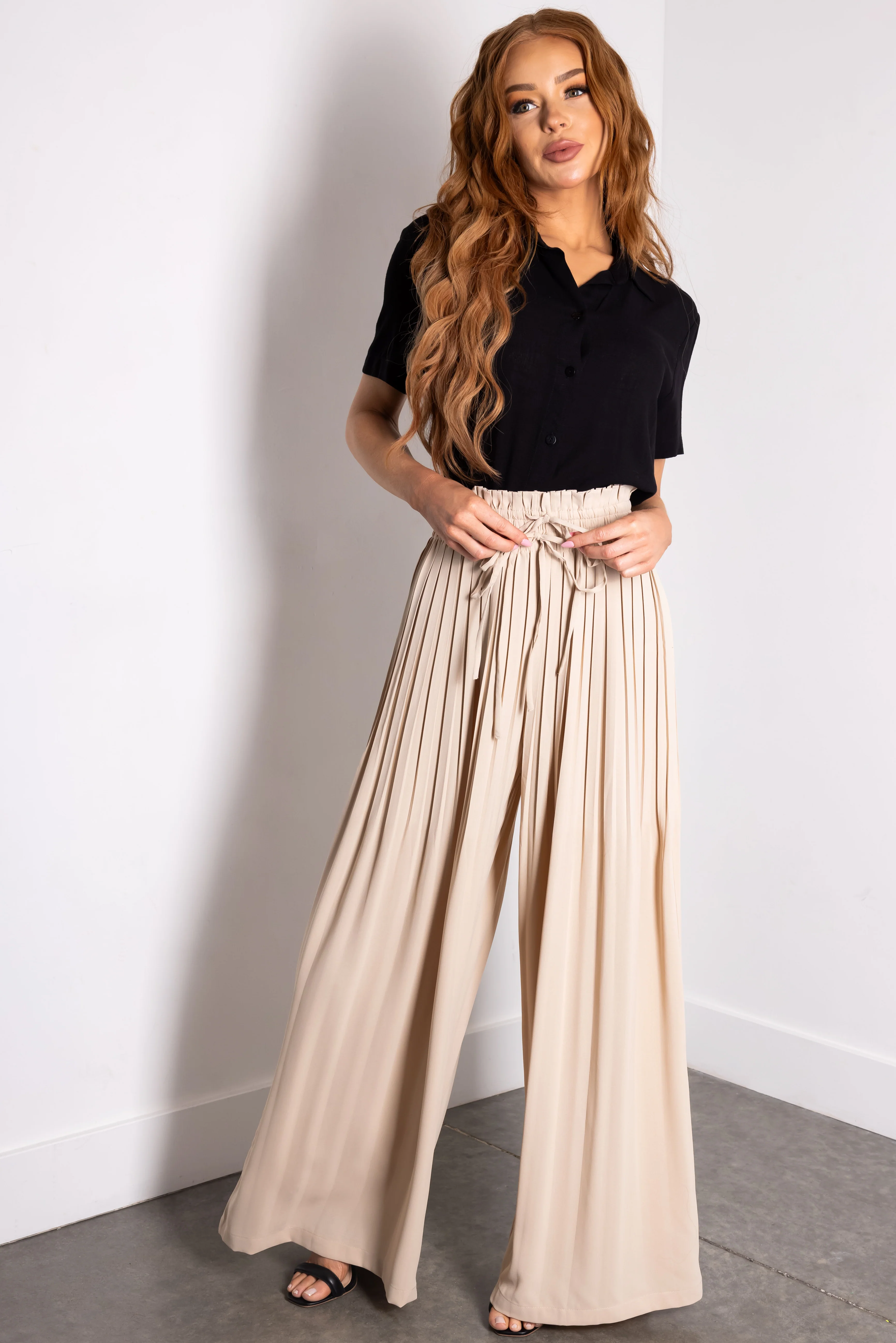 Flying Tomato Almond Pleated Wide Leg Woven Pants - LD SALE