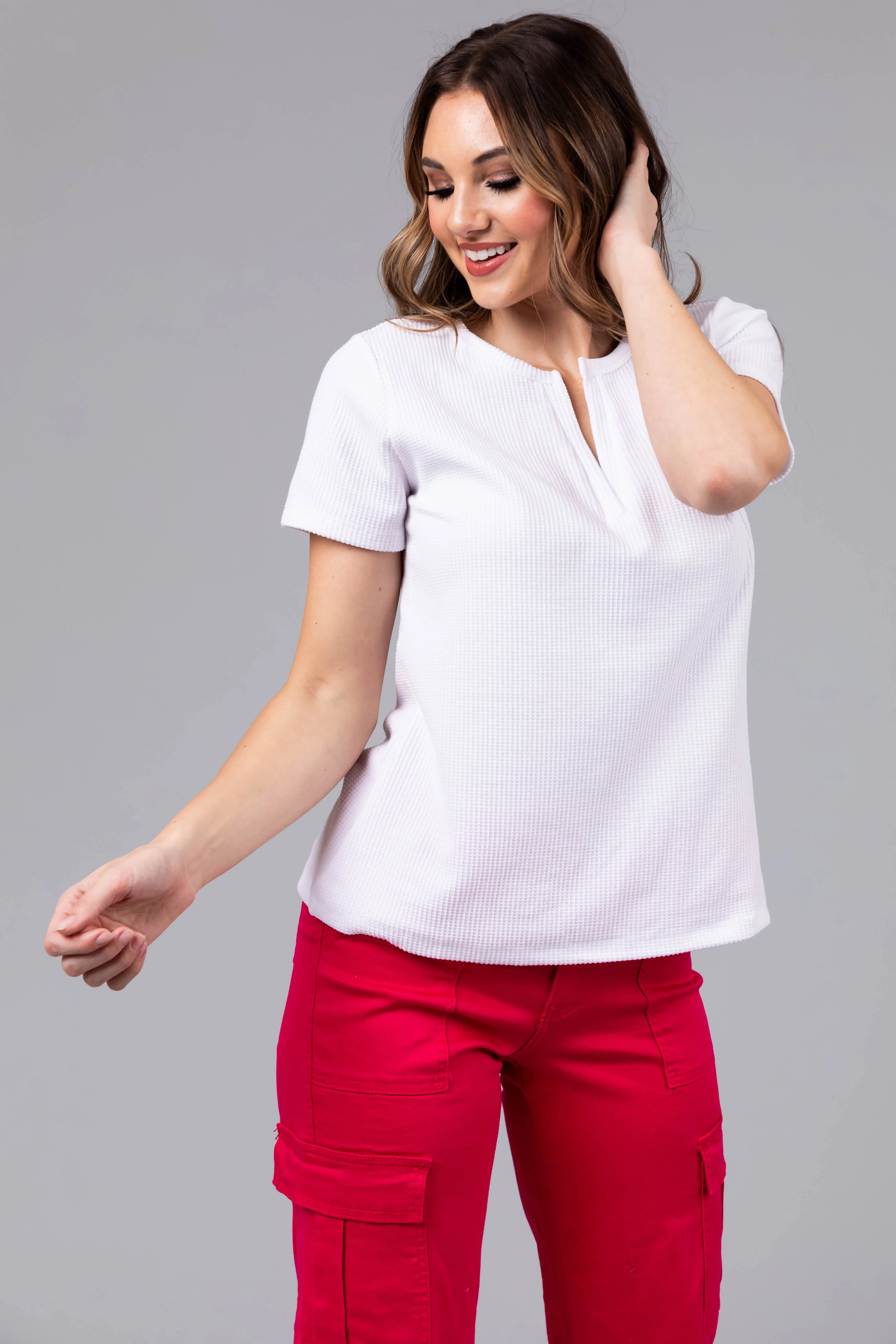 White Notch Neck Short Sleeve Waffle Knit Top - LD SALE