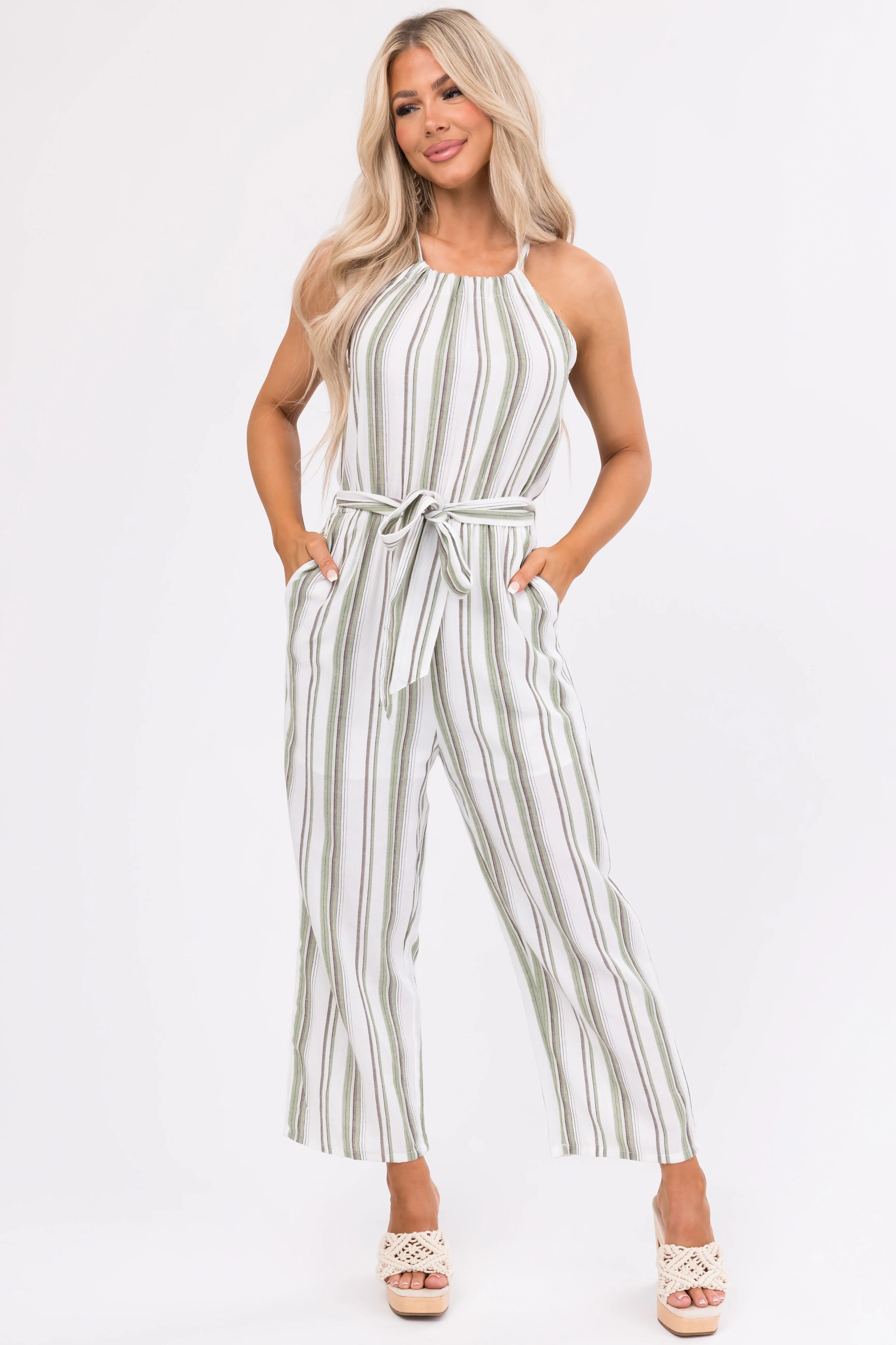 Ivory Striped Sleeveless Waist Tie Jumpsuit - LD SALE