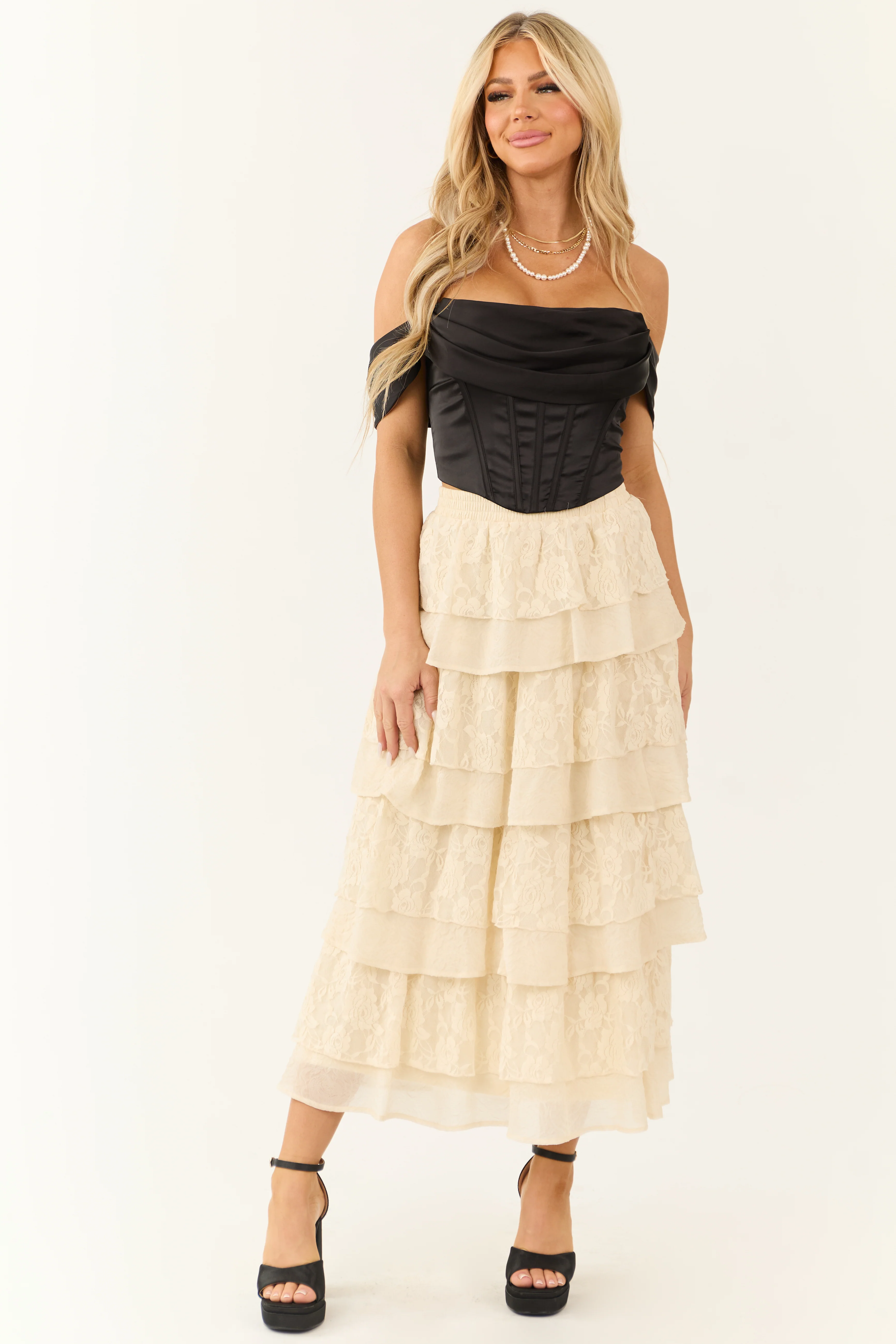 Cream Lace Ruffle Tiered Maxi Skirt - LD SALE
