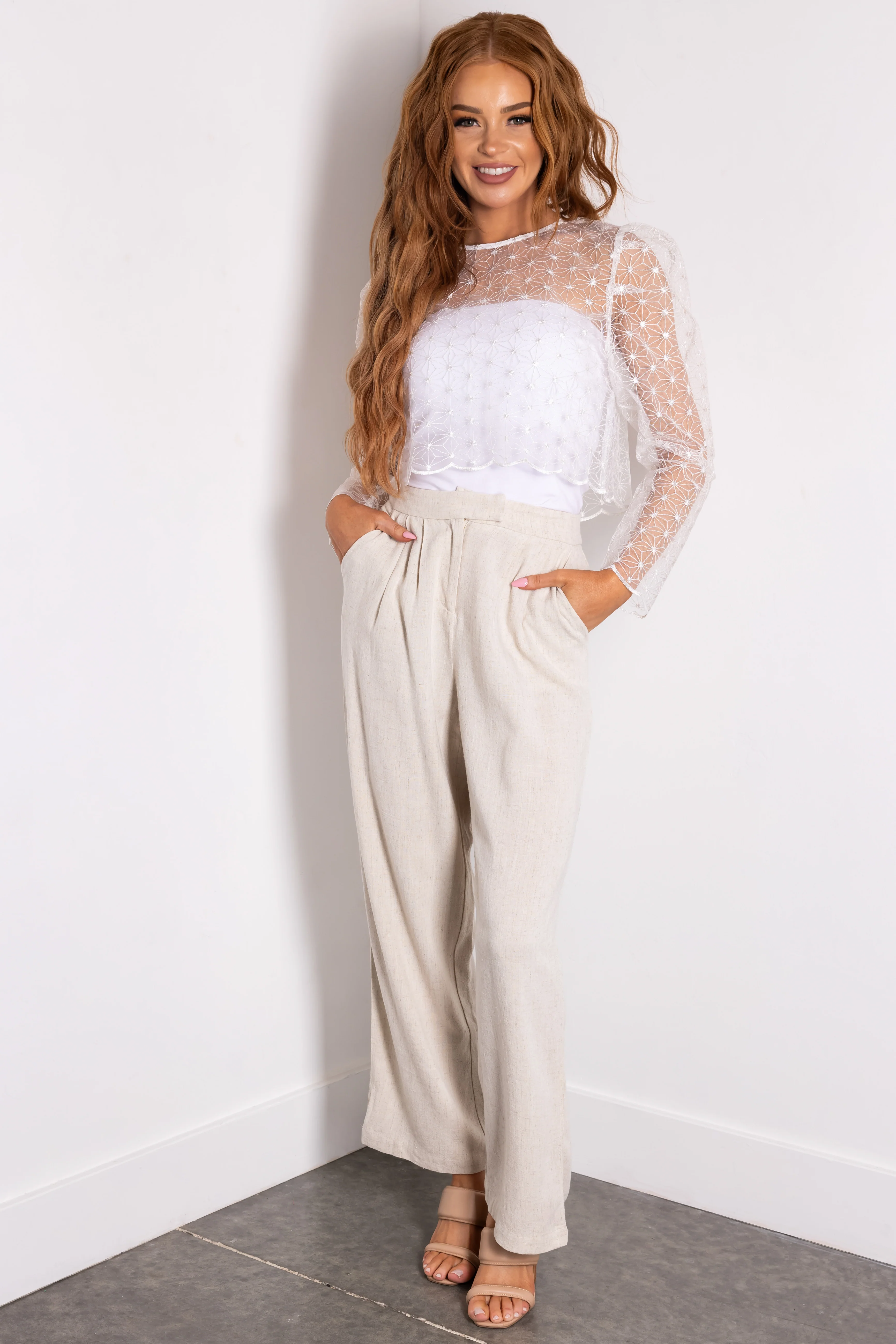 Oatmeal Pleated Straight Leg Linen Pants - LD SALE