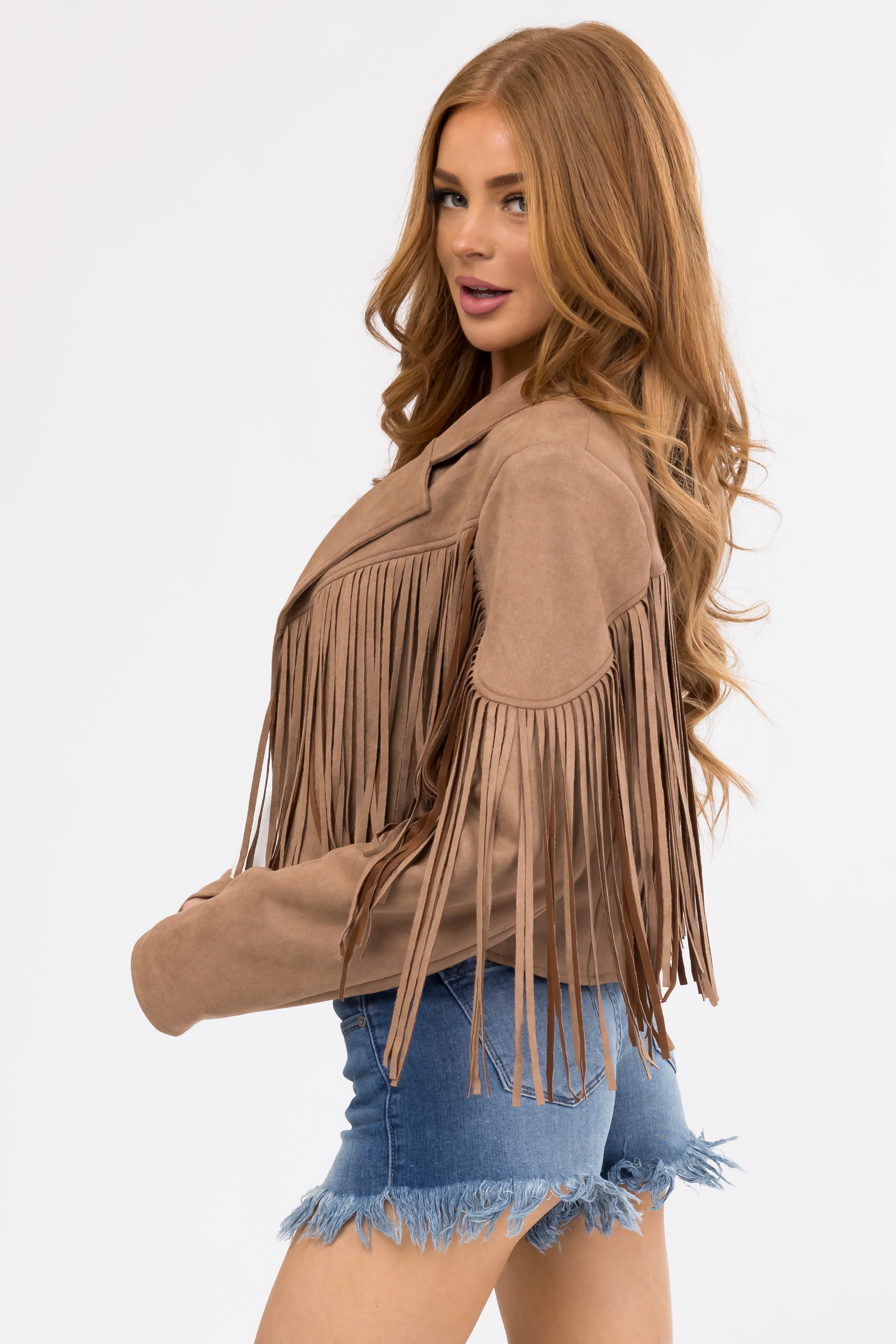 Cognac Faux Suede Fringe Open Front Jacket - LD SALE