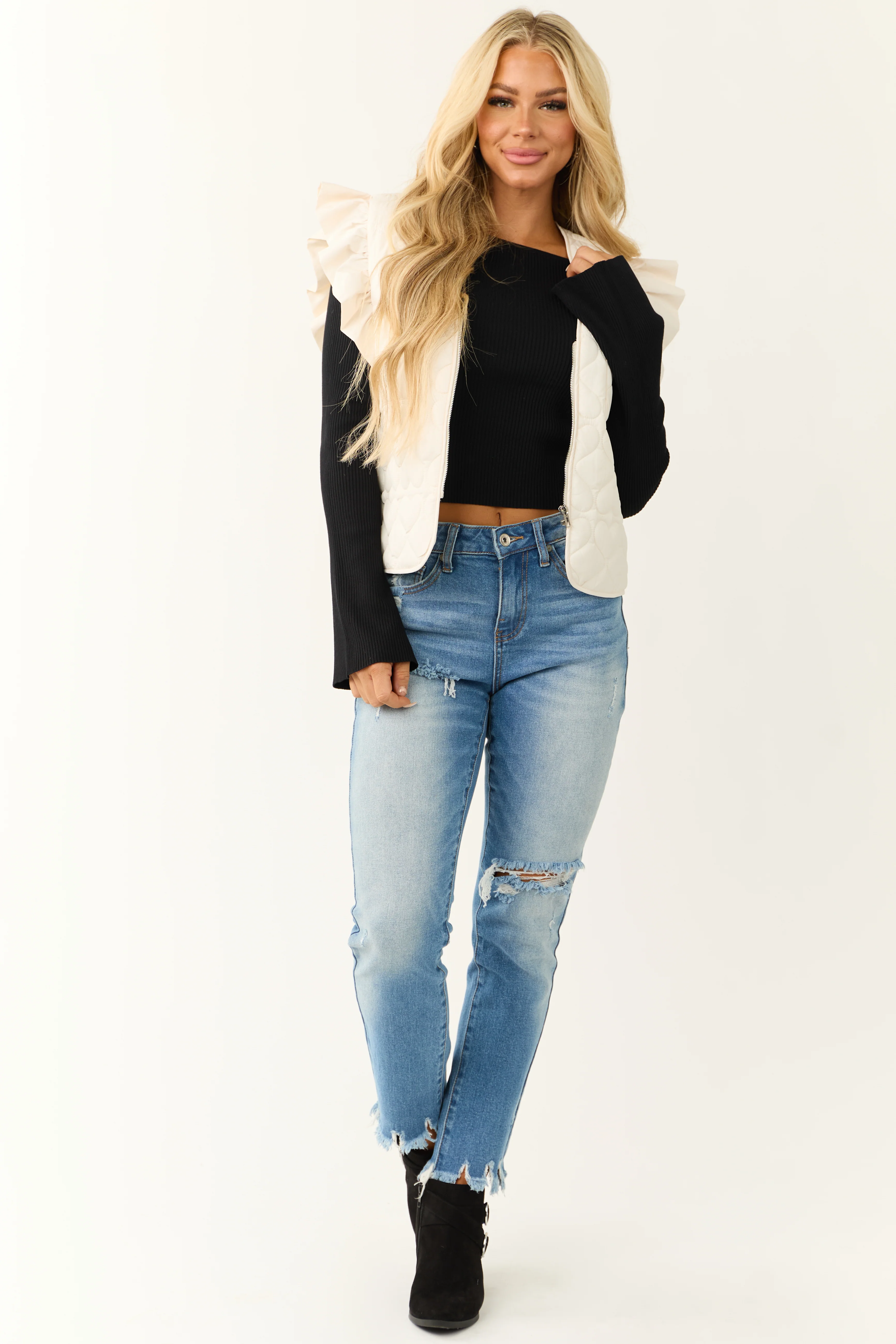 Cream Ruffle Strap Zip Up Quilted Puffer Vest - LD SALE