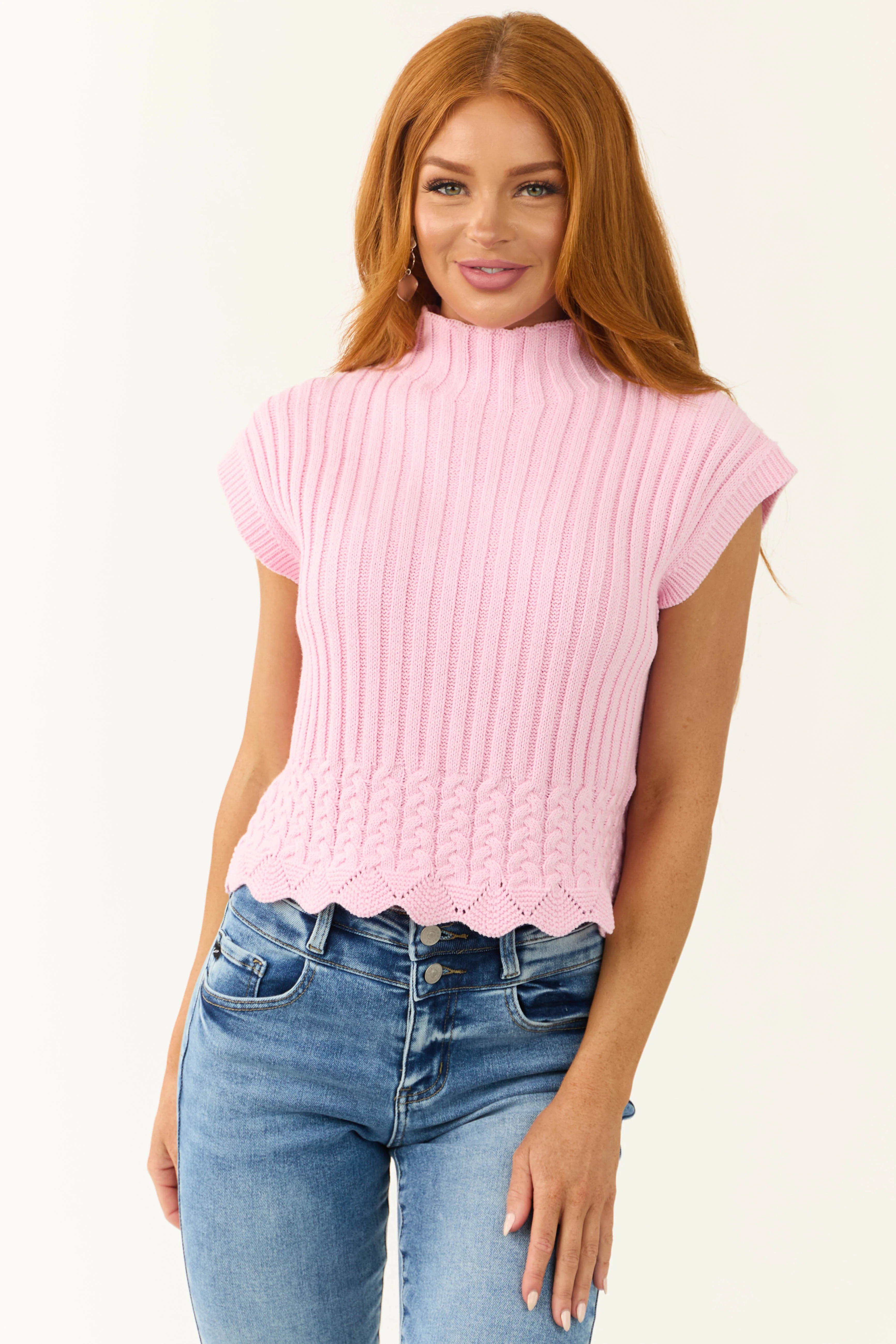 Carnation Mock Neck Short Sleeve Knit Sweater - LD SALE