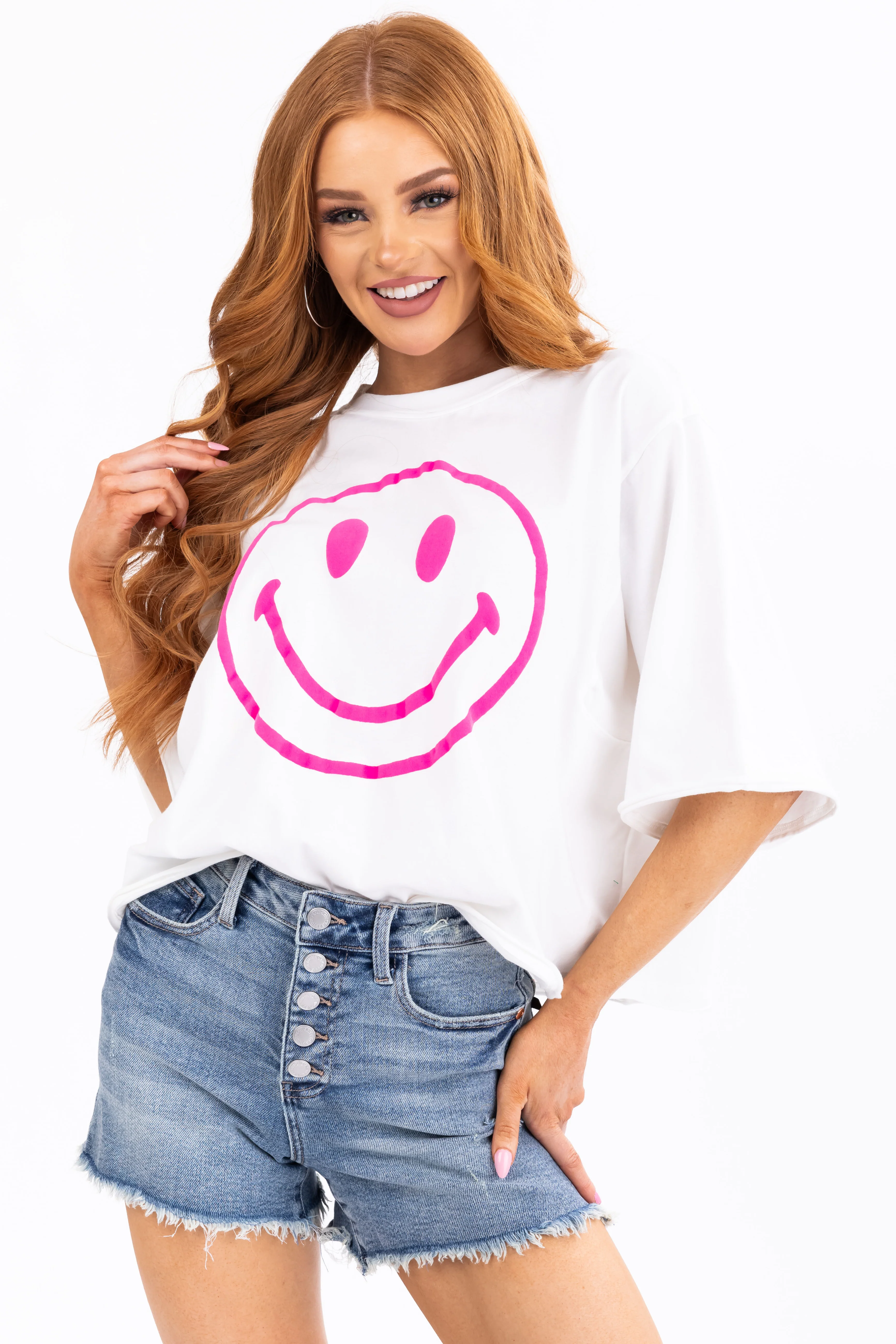 White Neon Smiley Half Sleeve Graphic Tee - LD SALE