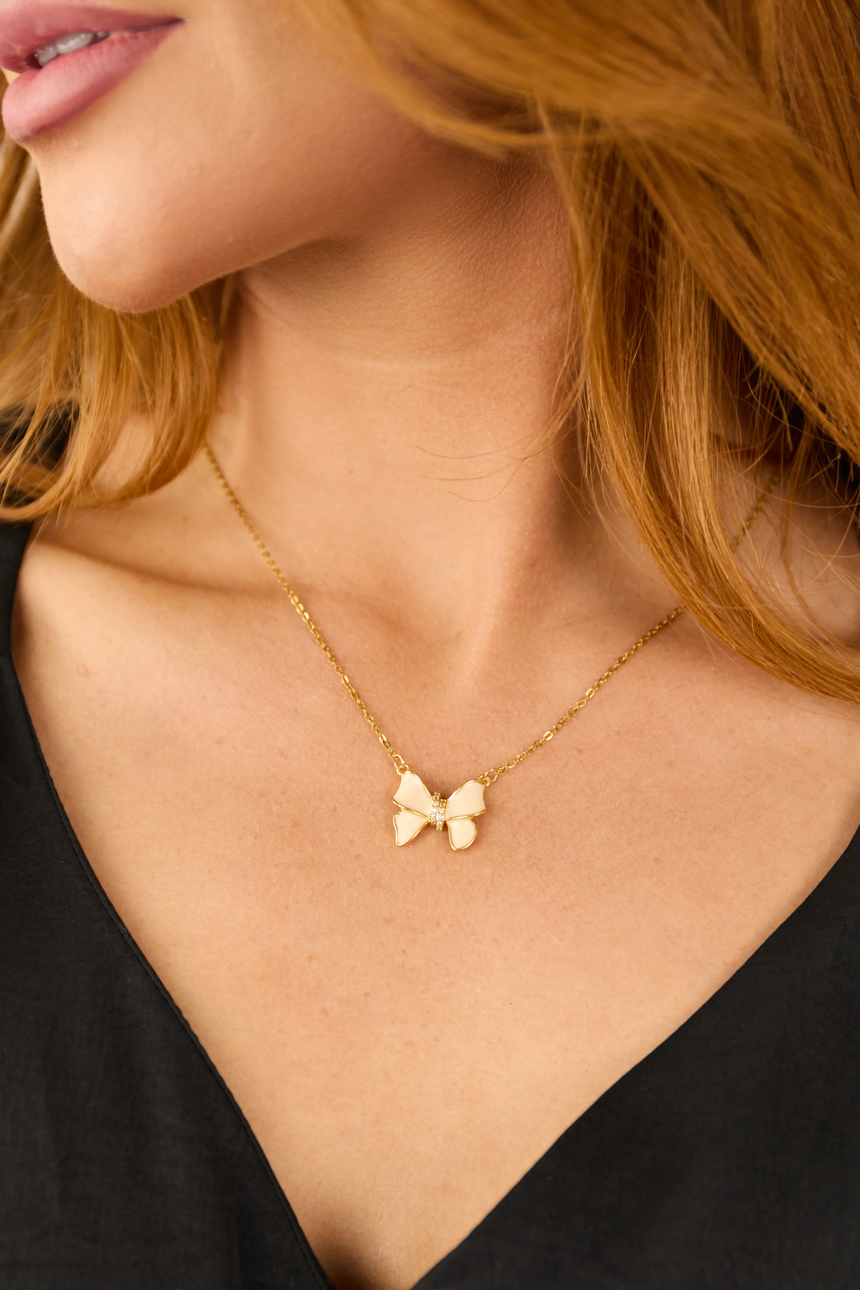 Gold and Ivory Glittery Bow Necklace - LD SALE