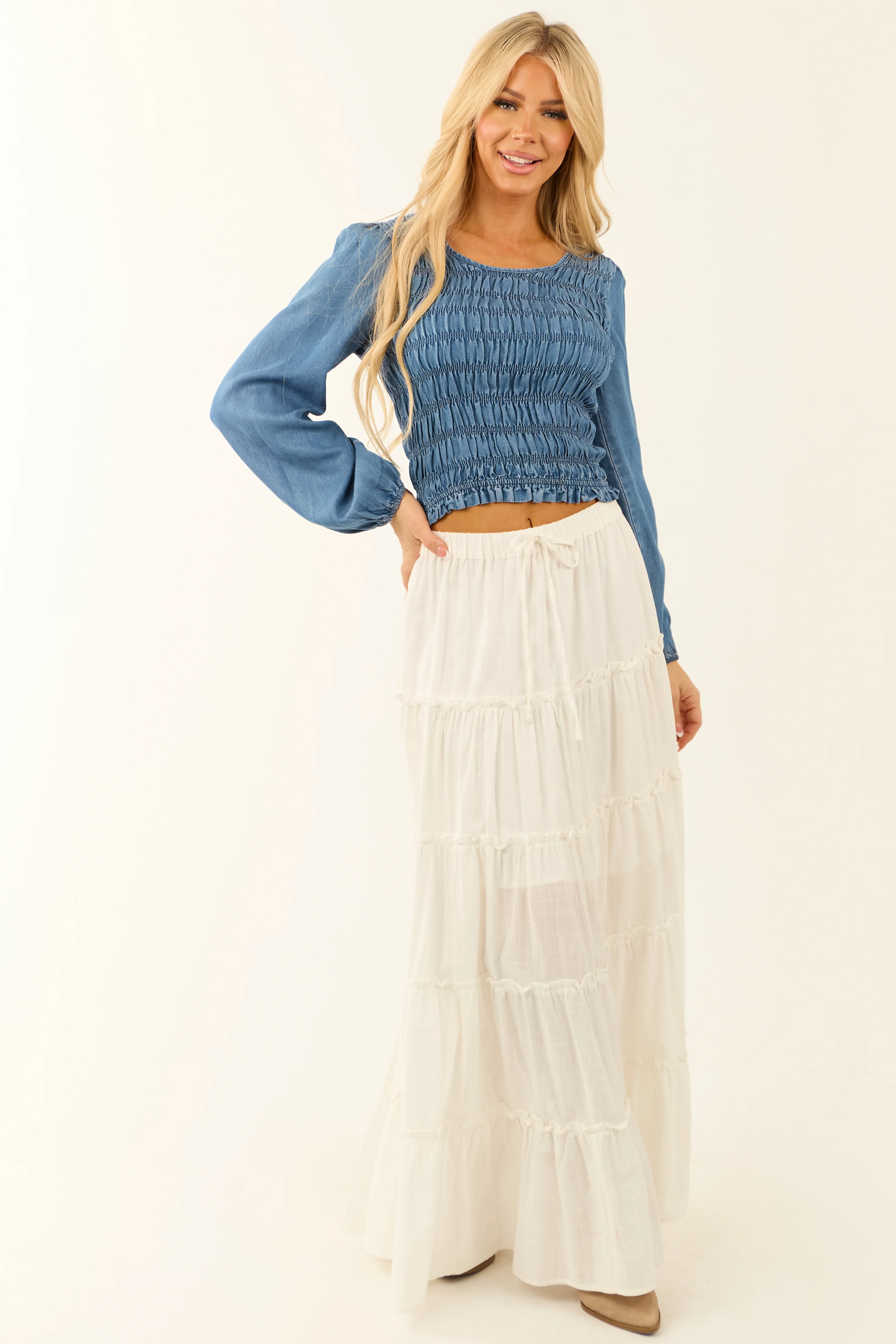 Medium Wash Denim Smocked Long Sleeve Blouse - LD SALE