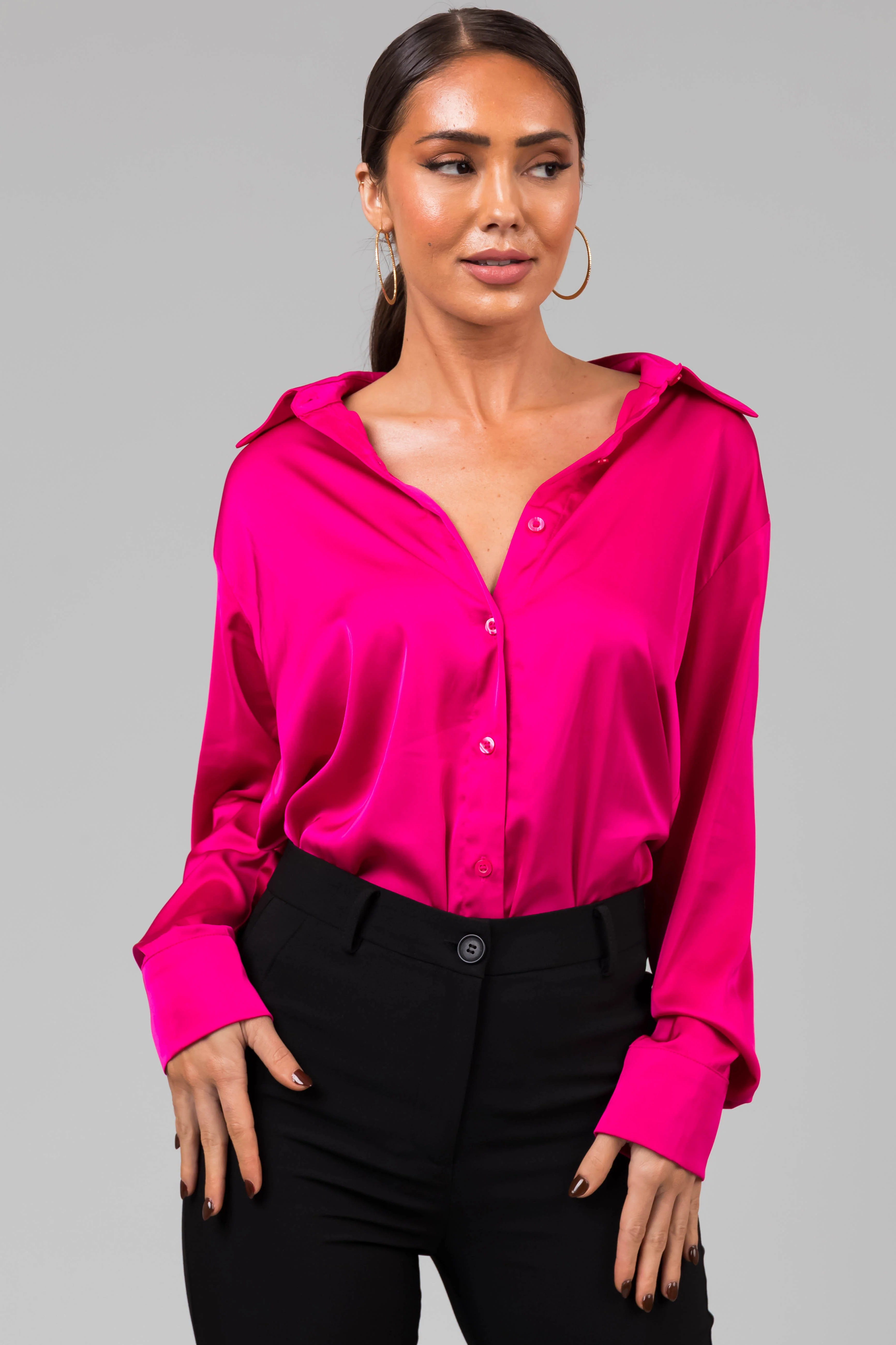 Hot Pink Satin Button Front Collared Shirt - LD SALE
