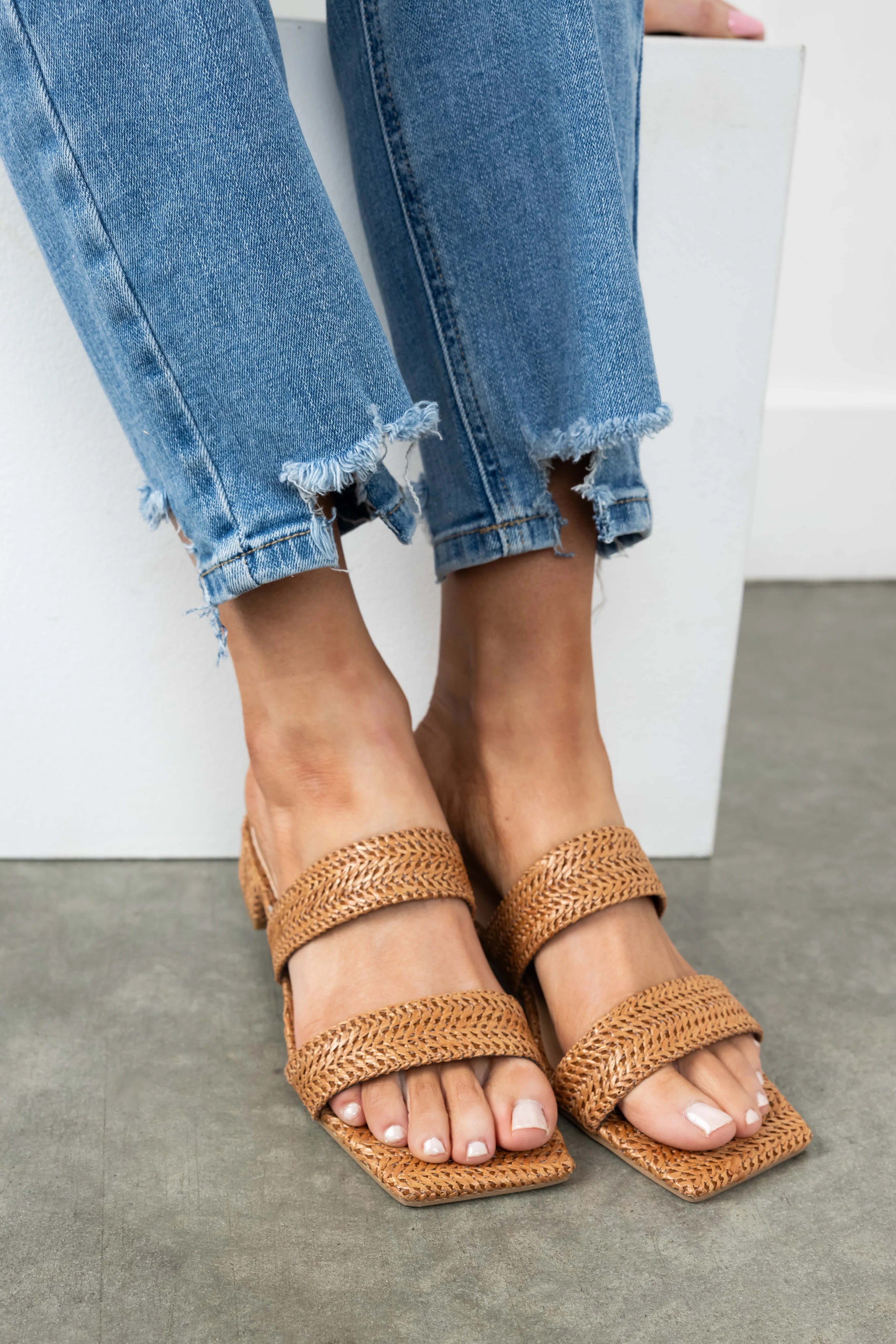 Cognac Raffia Woven Low Heel Sandals - LD SALE