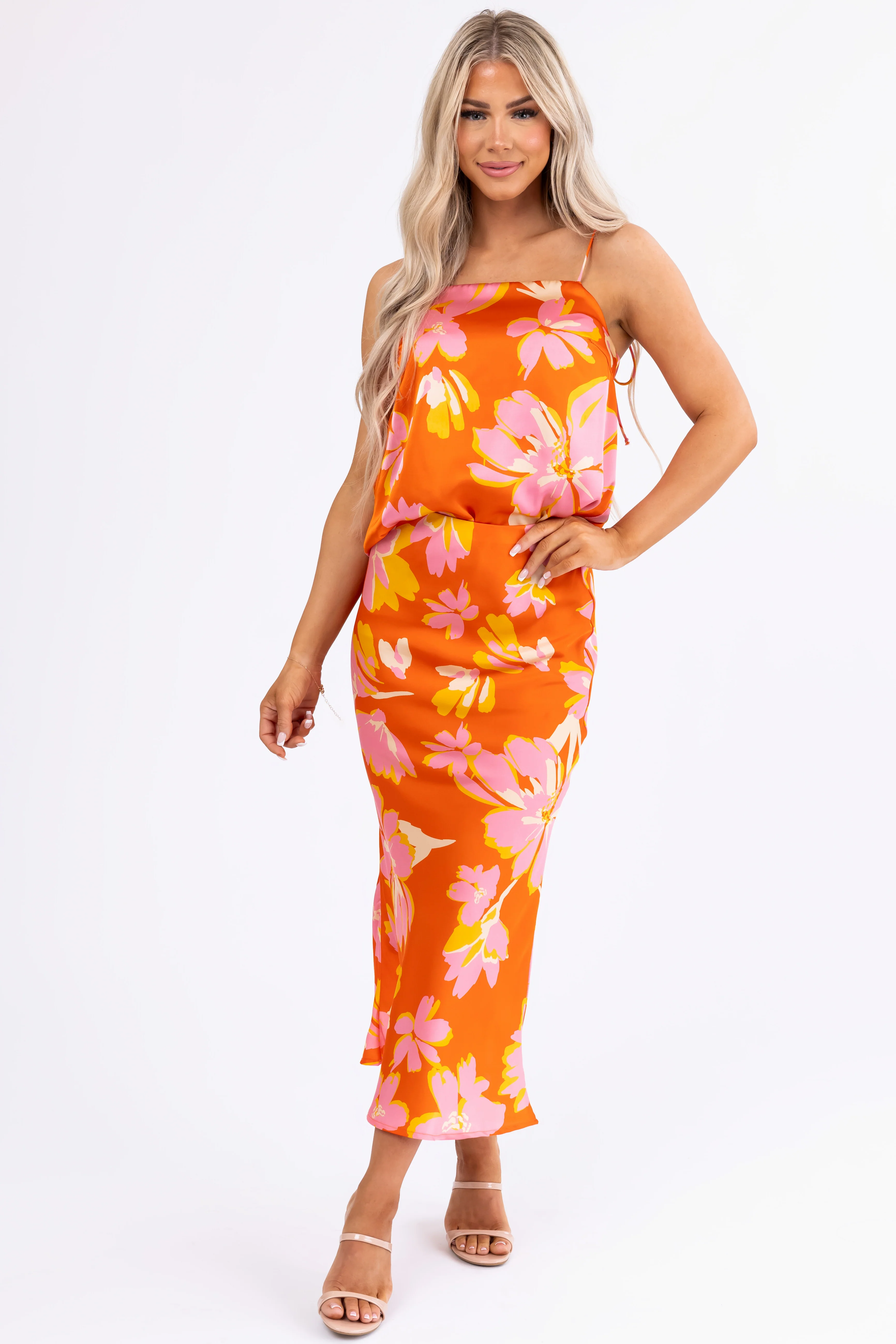 Fire Floral Print Satin Bias Maxi Skirt - LD SALE