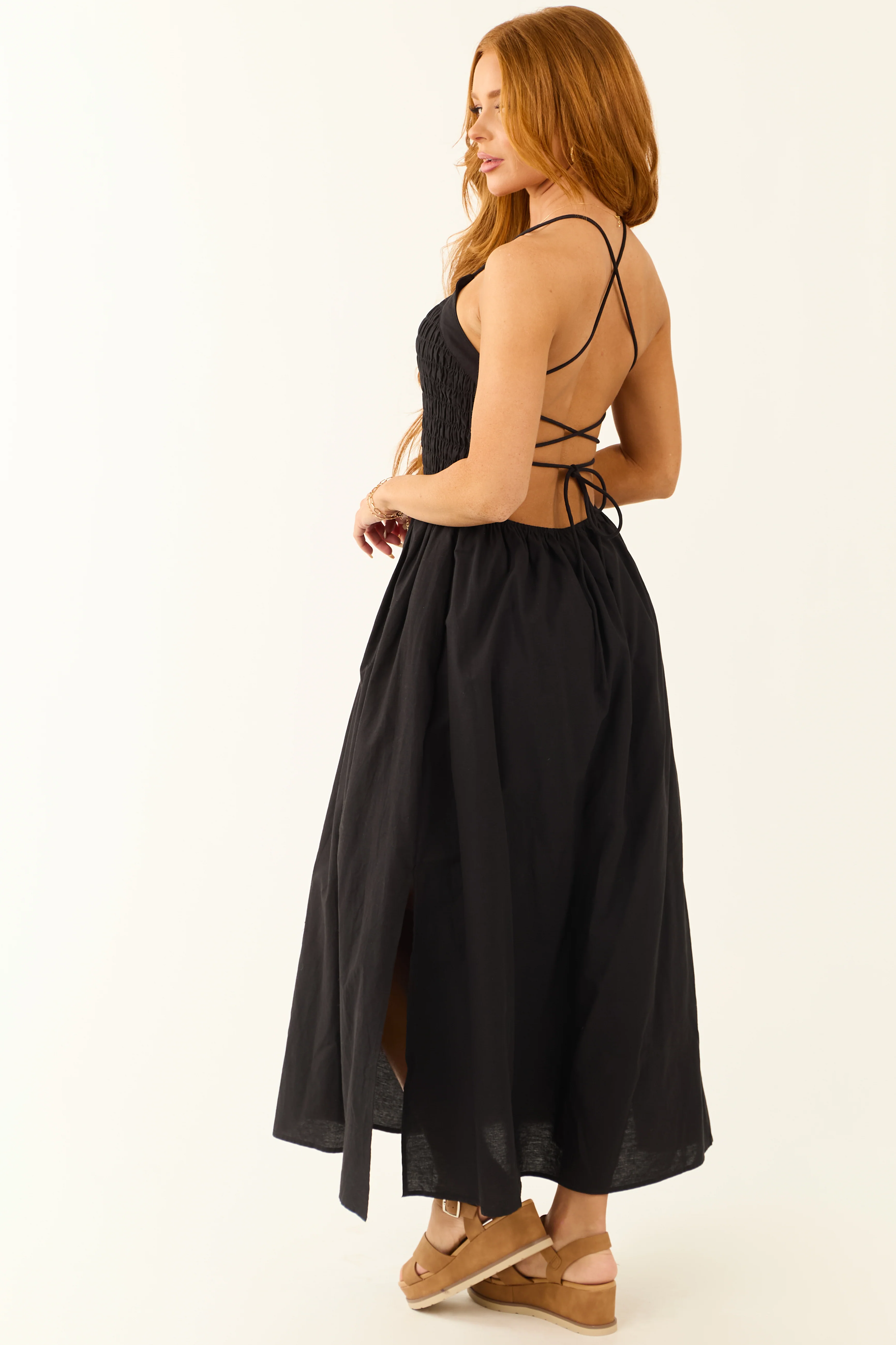 Black Open Tie Back Spaghetti Strap Maxi Dress - LD SALE