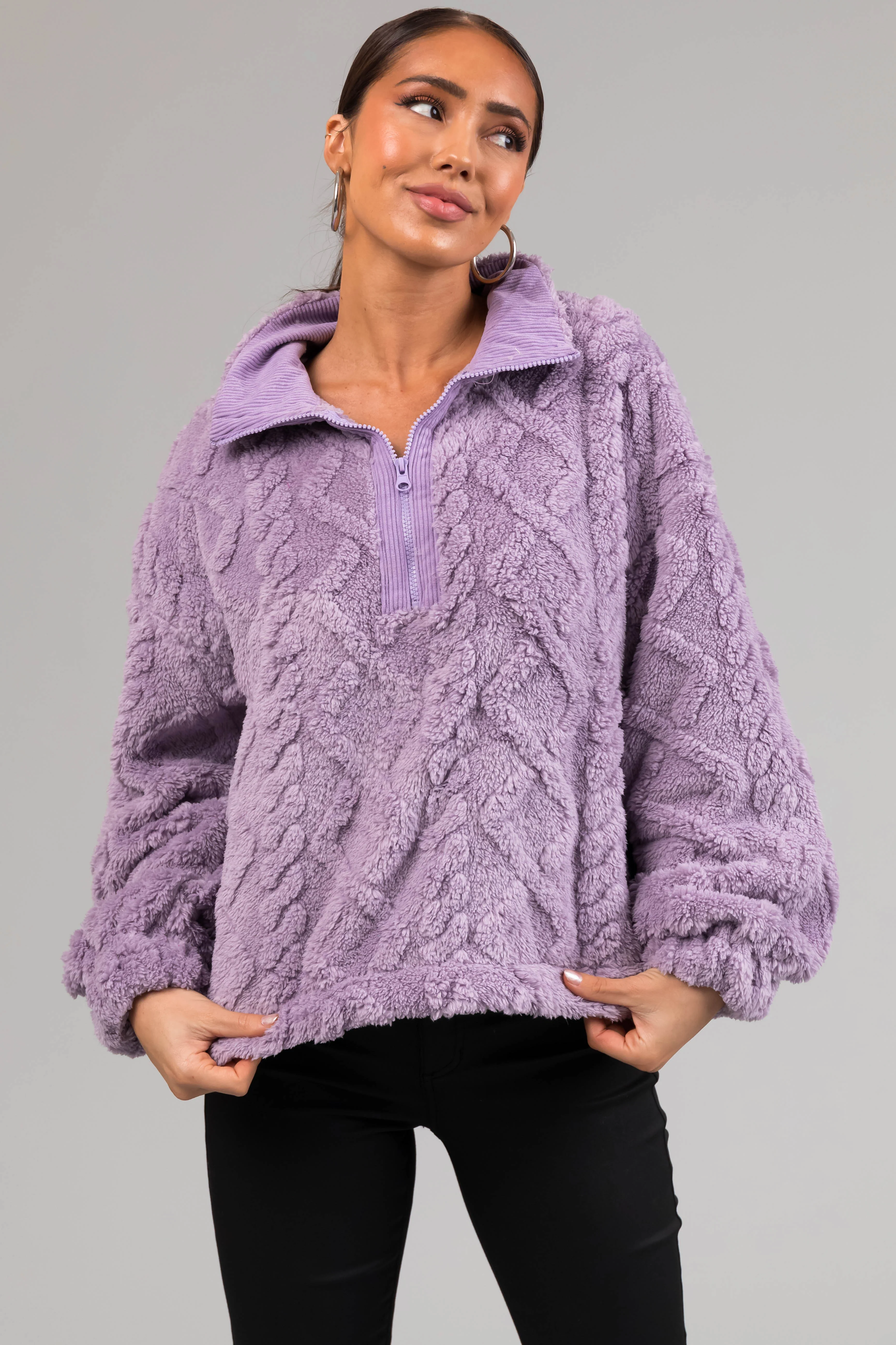 Light Iris Fuzzy Fleece Cable Pattern Sweater - LD SALE