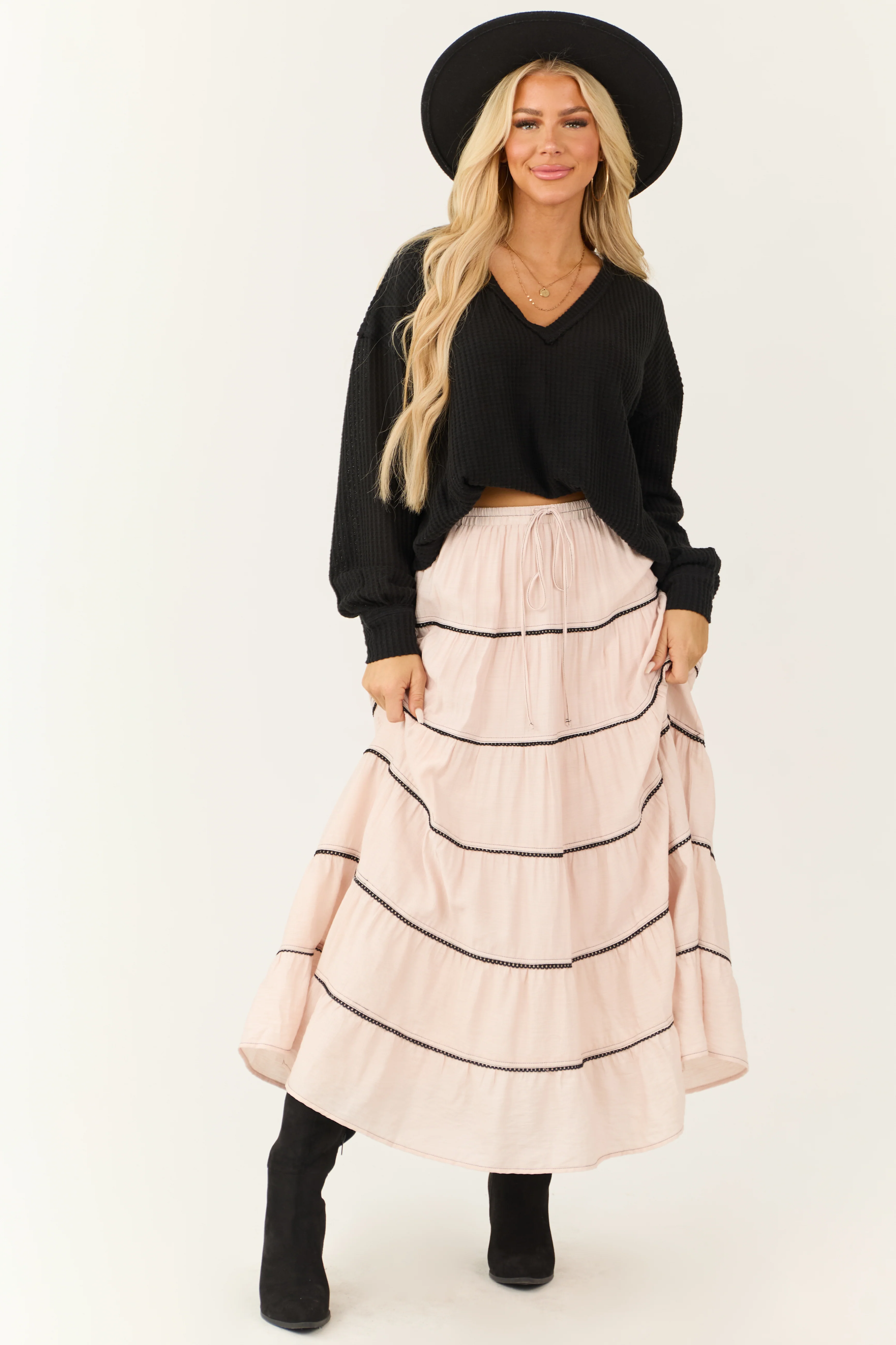 Tea Rose Contrast Tie Waist Tiered Maxi Skirt - LD SALE