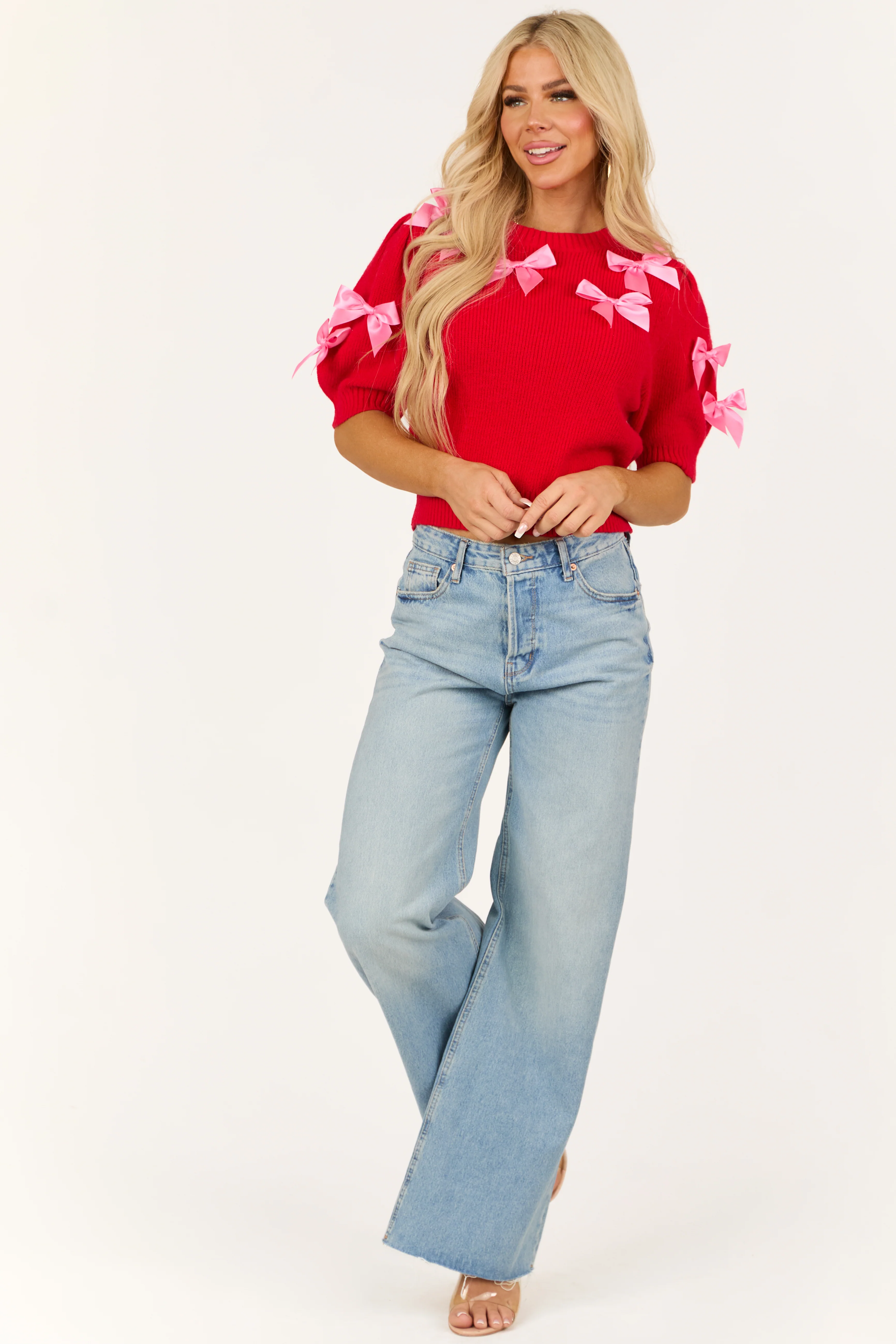 Ruby Bow Detail Short Puff Sleeve Sweater - LD SALE