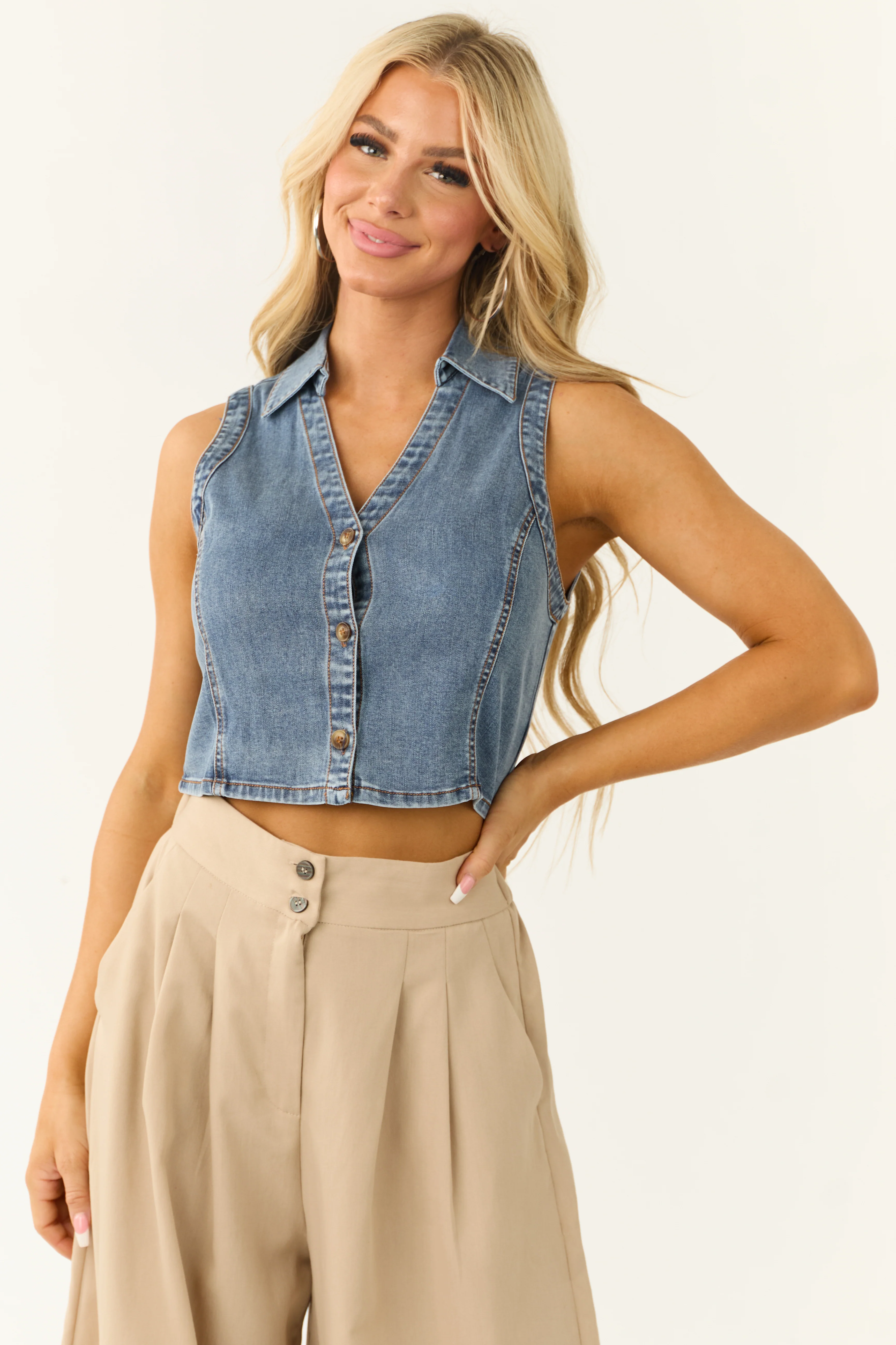 Medium Wash Denim Button Down Collared Vest - LD SALE