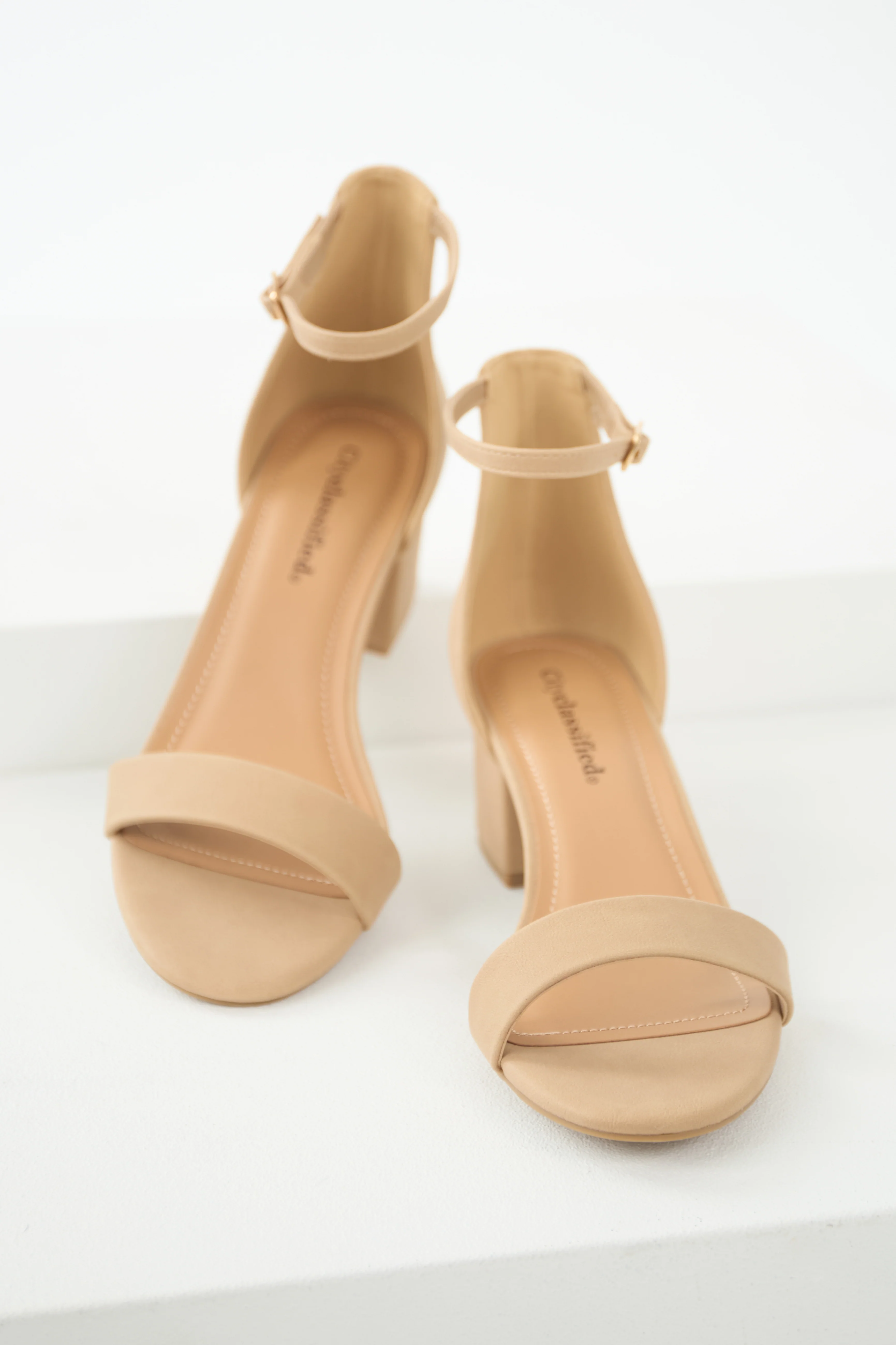 Latte Faux Leather Ankle Strap Block Heels - LD SALE