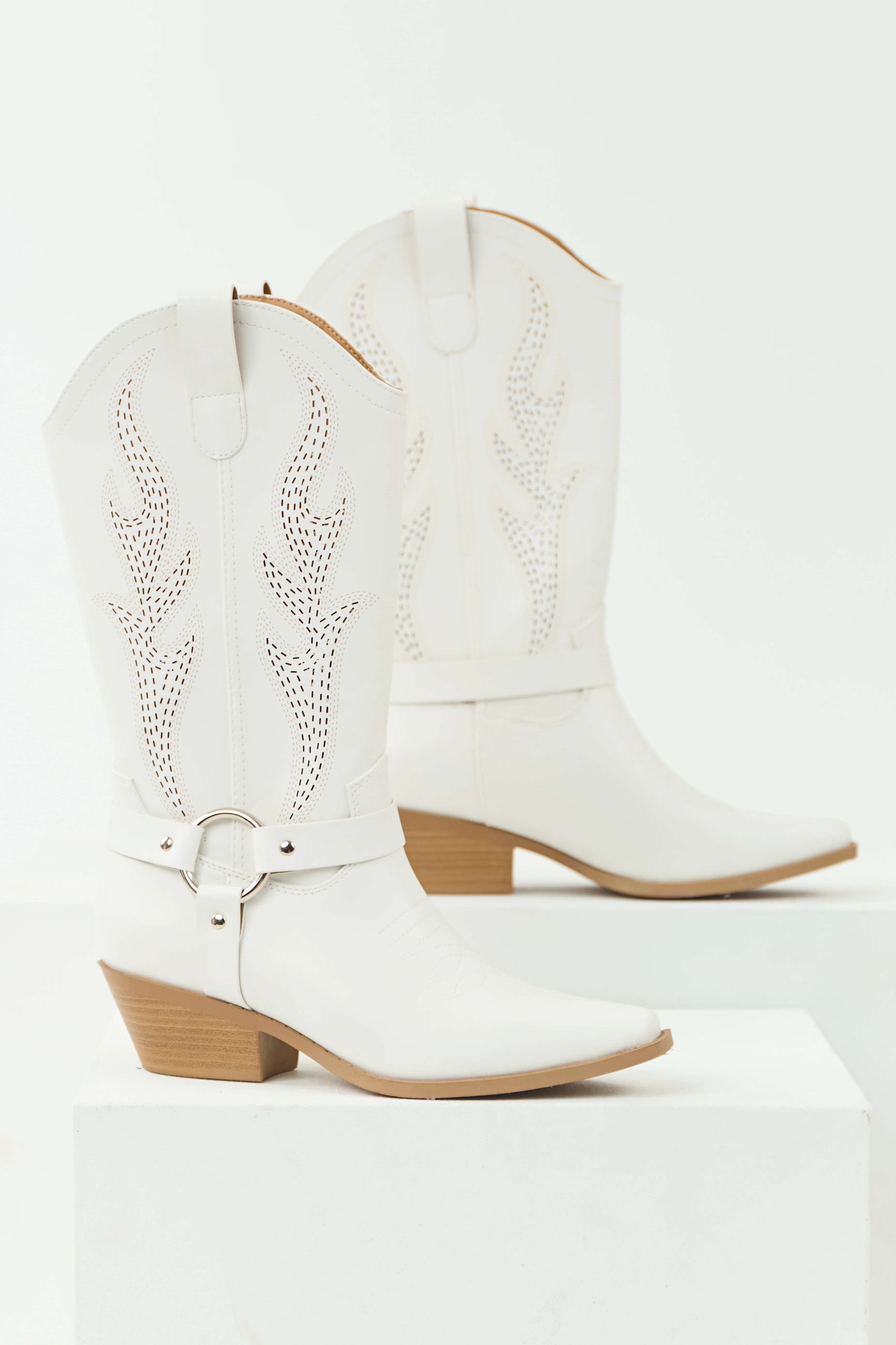 Off White Embroidered Riding Strap Heeled Boots - LD SALE