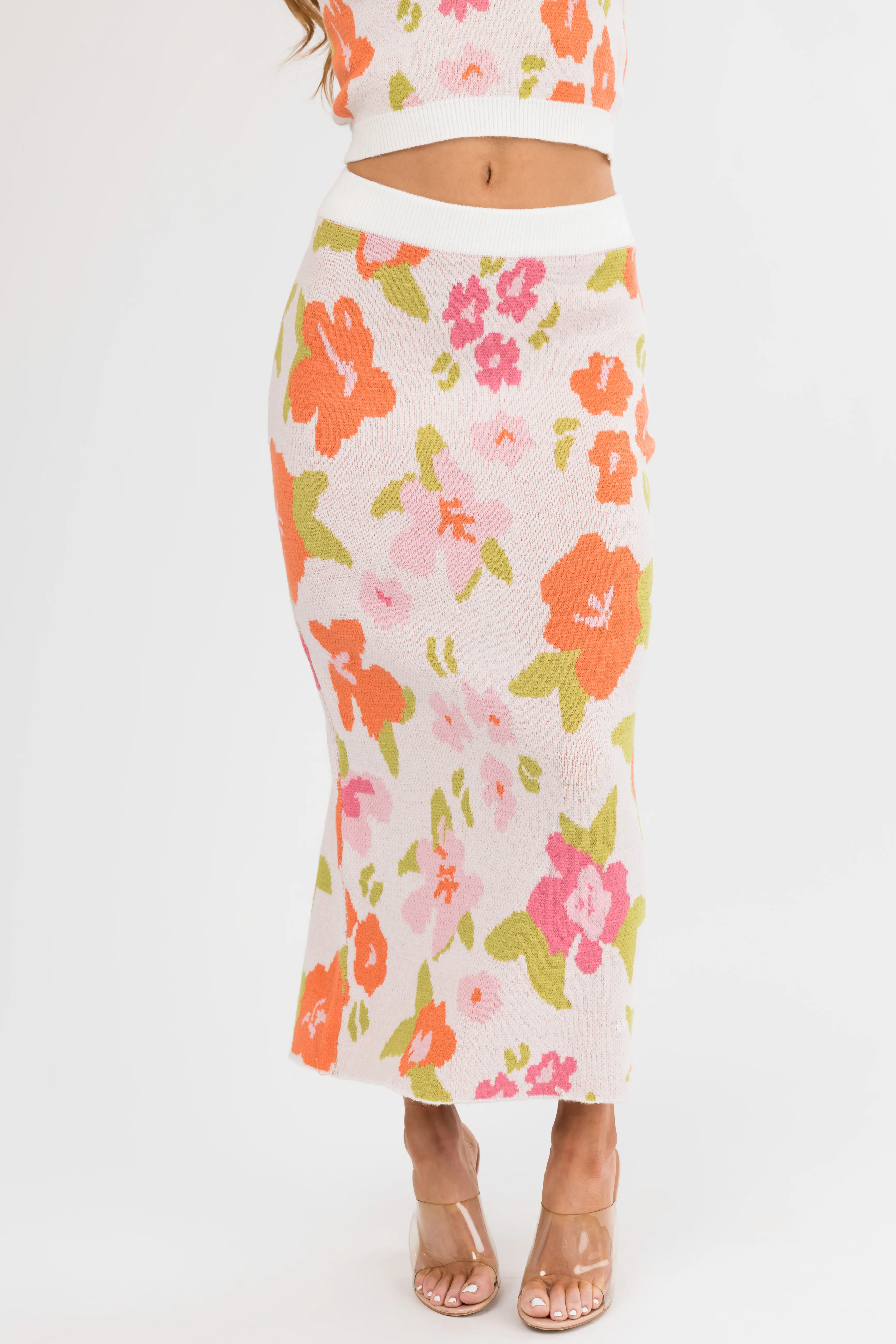 Dusty Blush Floral Print Knit Midi Skirt - LD SALE