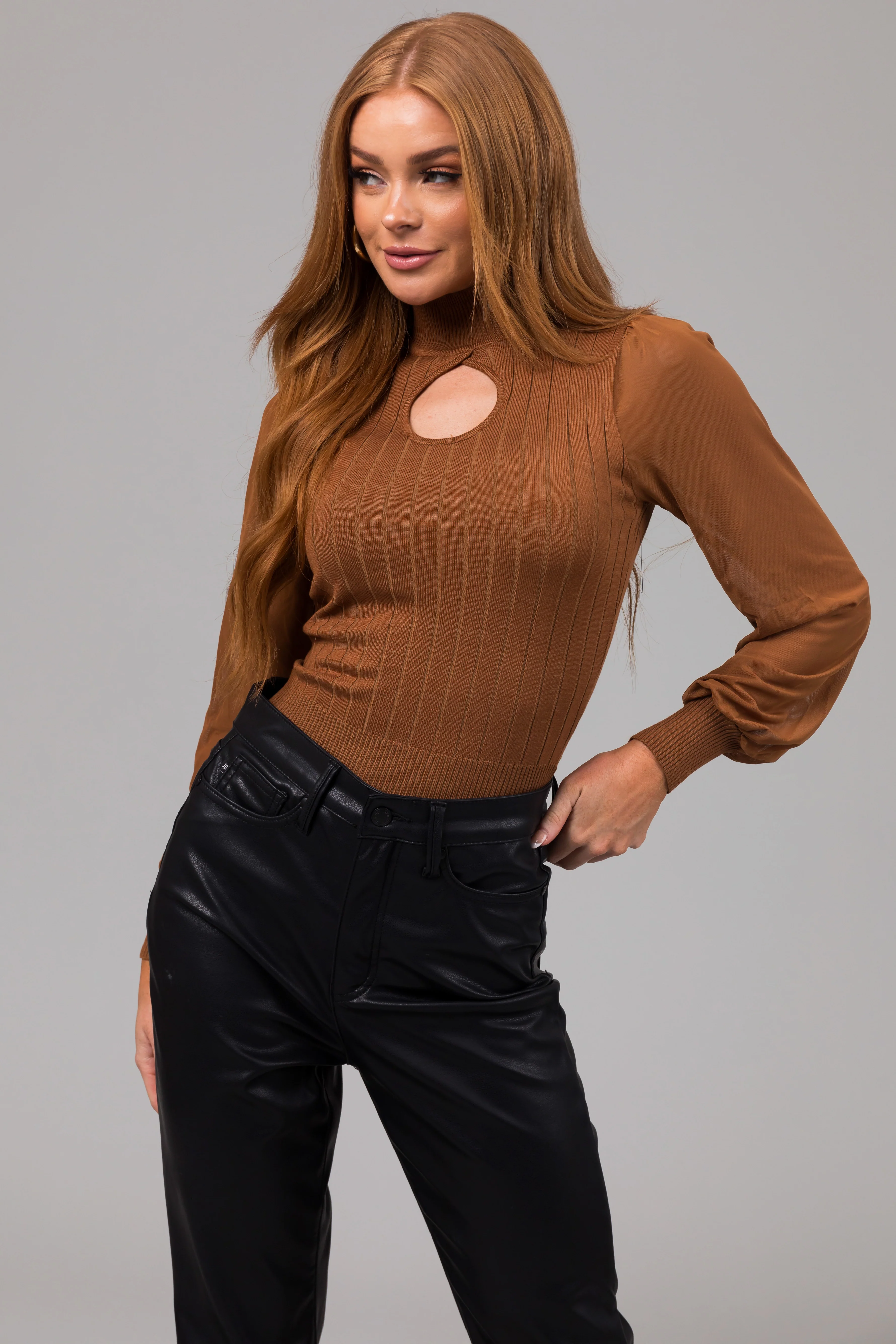 Cognac Mock Keyhole Neck Illusion Sleeve Top - LD SALE