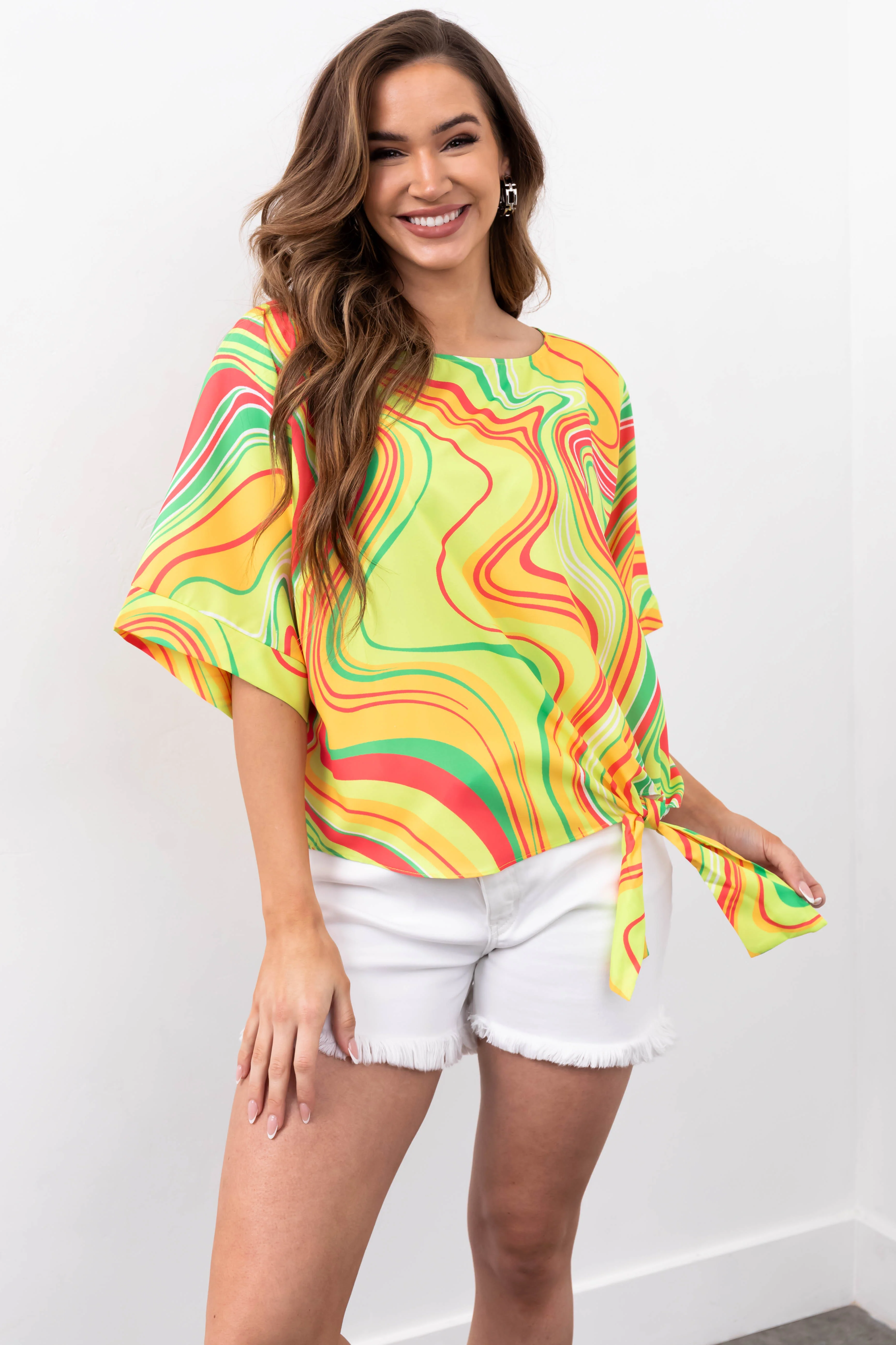 She+Sky Lime Abstract Print Side Tie Top - LD SALE