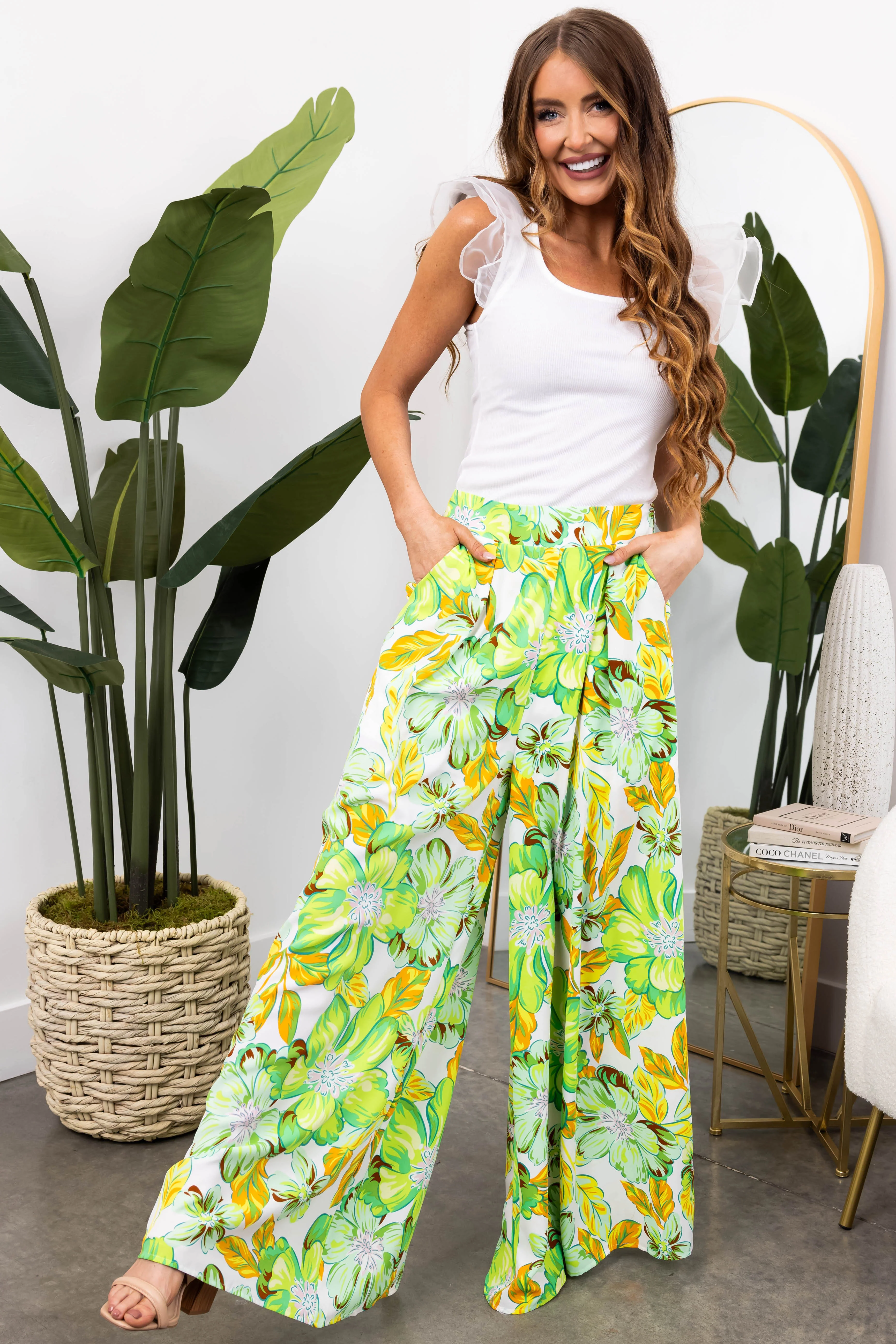 She+Sky Lime Floral Print Wide Leg Flowy Pants - LD SALE