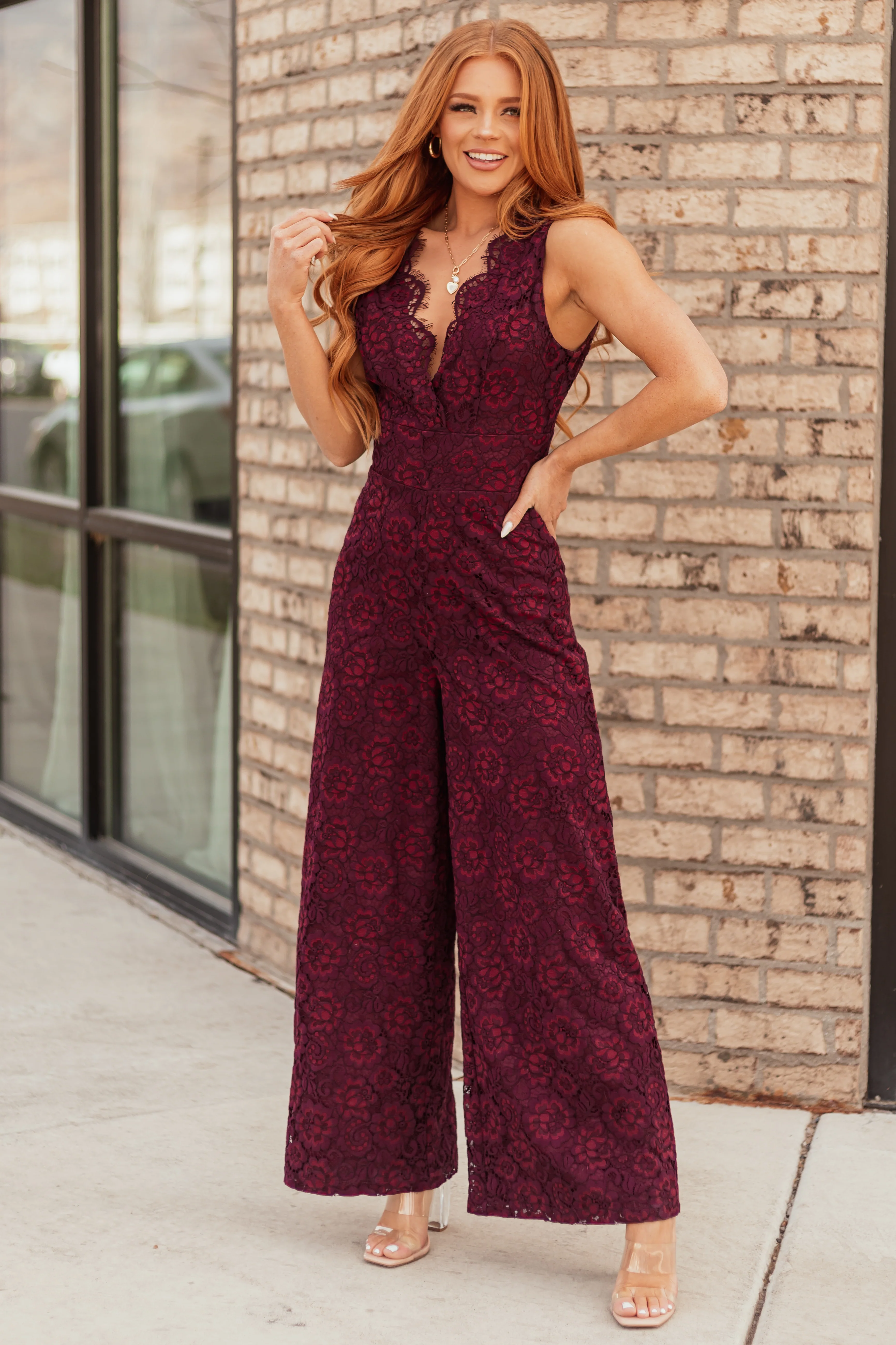 Flying Tomato Wine Lace Wide Leg Jumpsuit - LD SALE