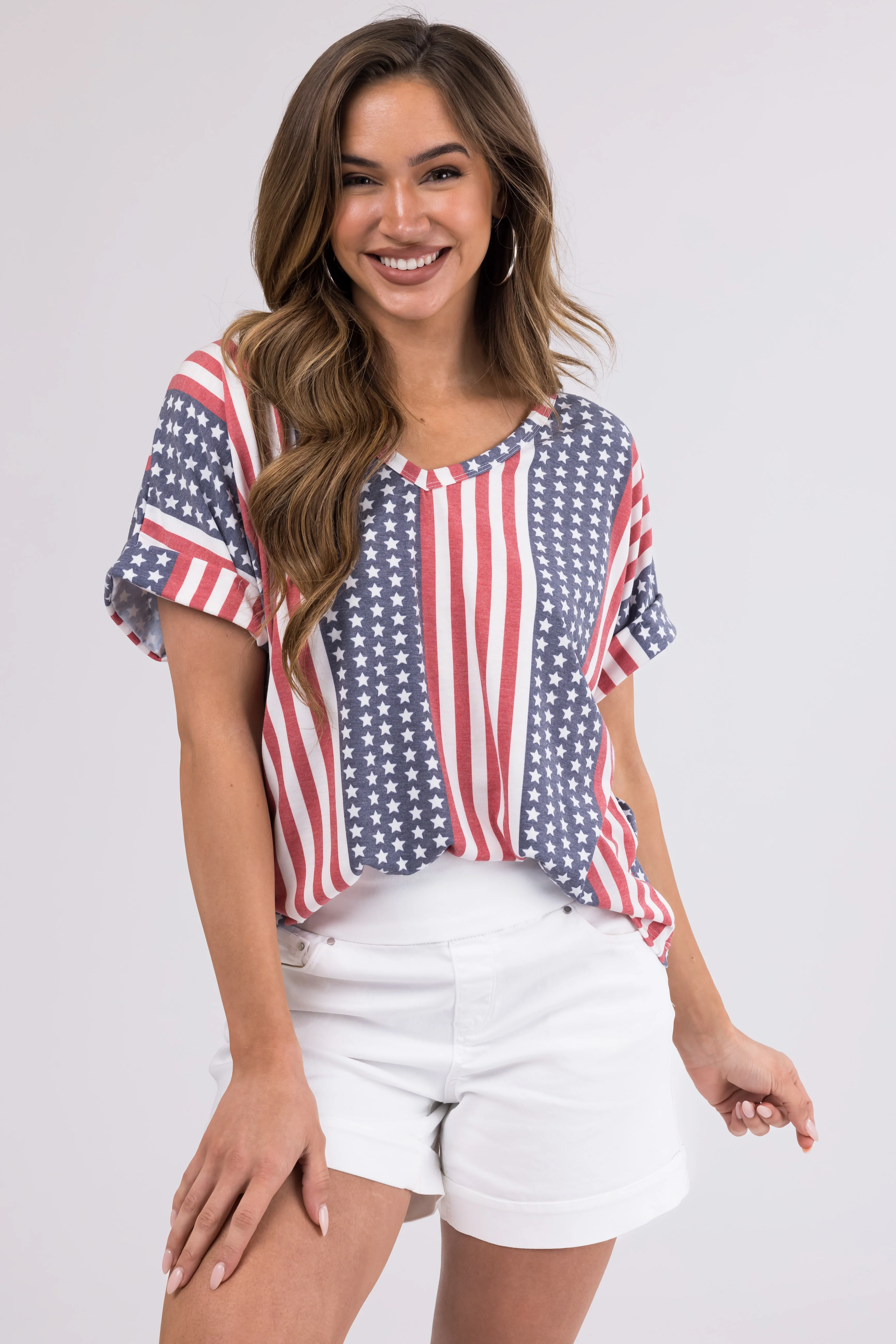 Faded Stars and Stripes V Neck Cuffed Tee Shirt - LD SALE