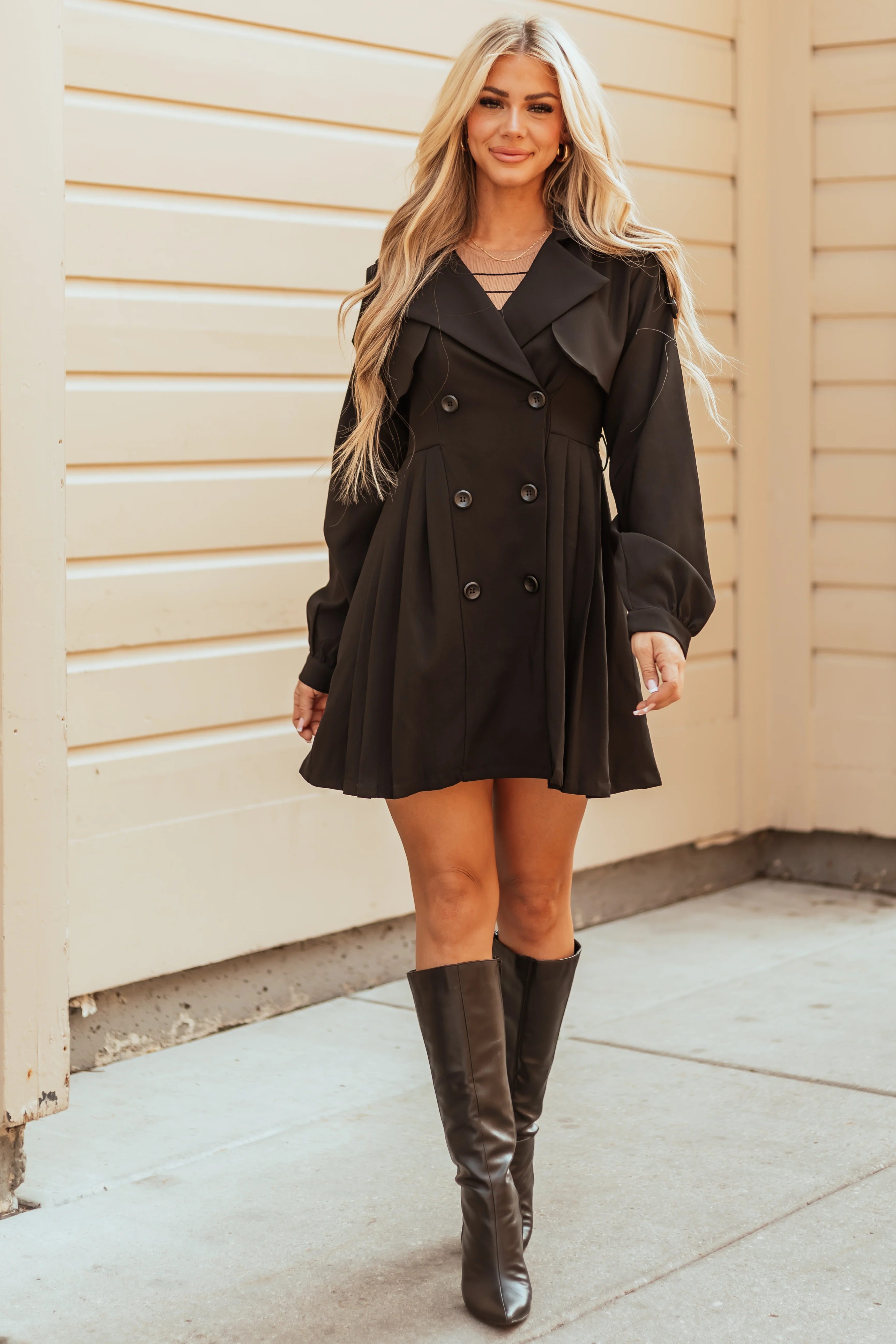 Black Long Sleeve Button Down Trench Coat Dress - LD SALE