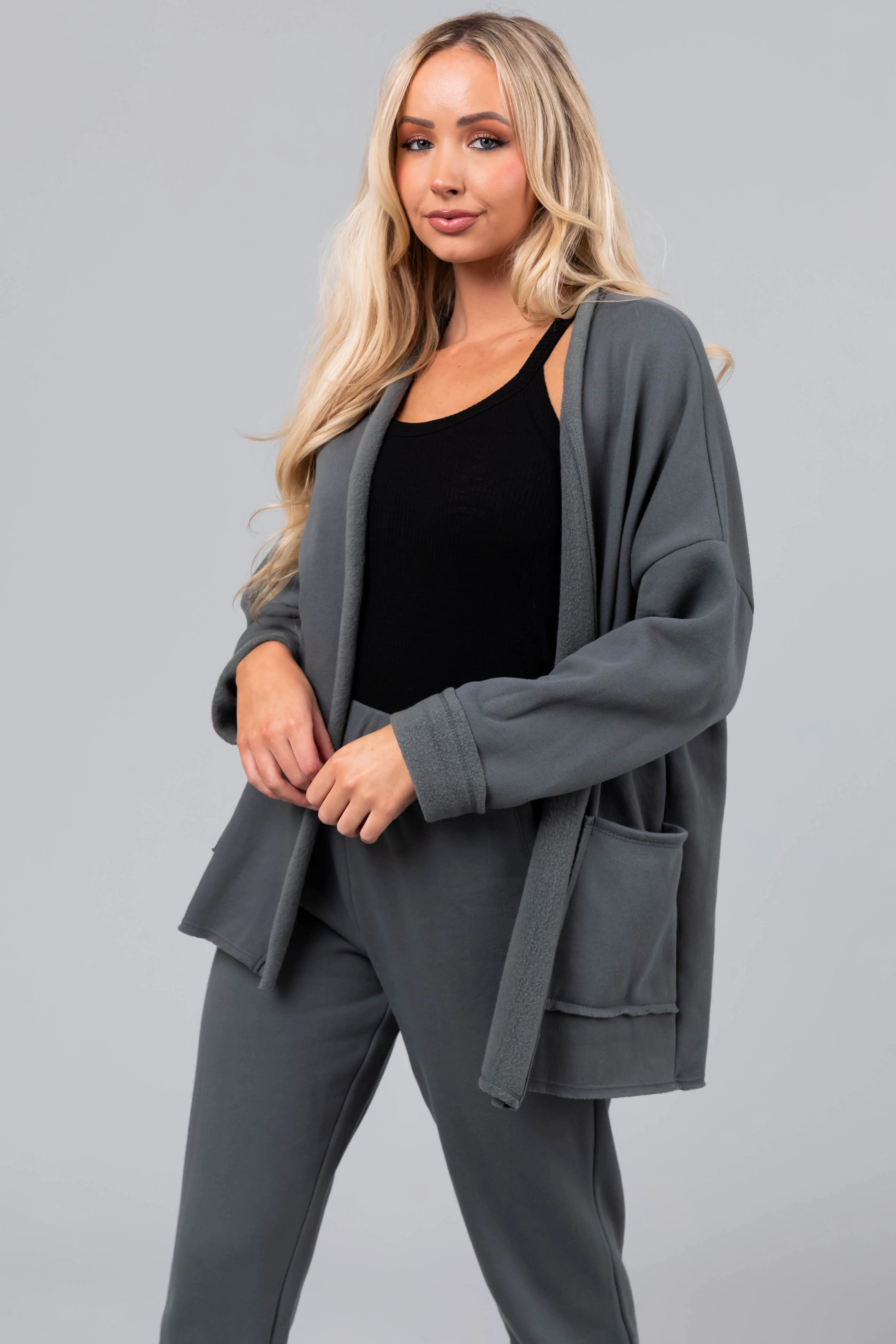Ash Grey Fleece Open Front Cardigan - LD SALE