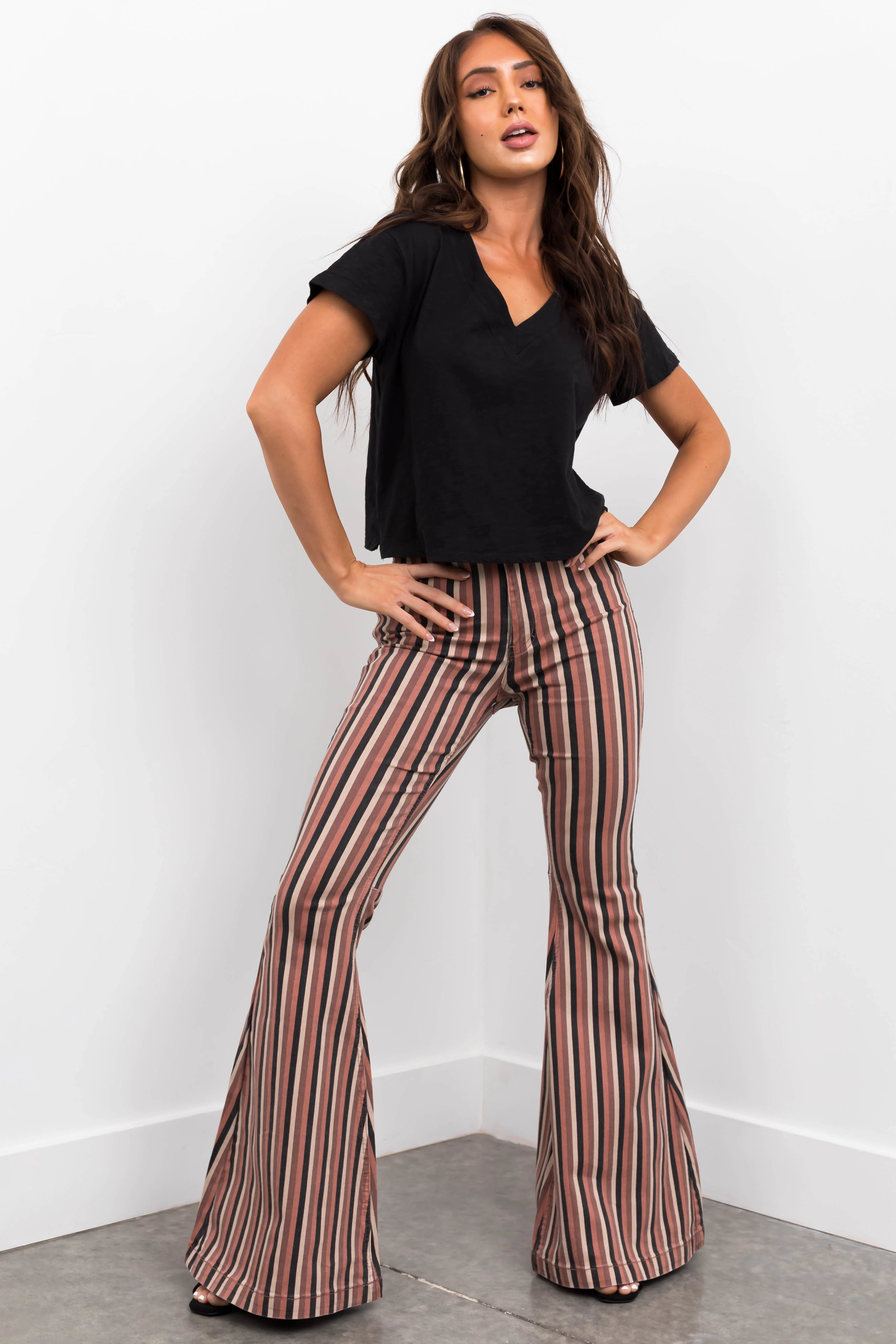 KanCan Rose Taupe Striped Super Flare Jeans - LD SALE