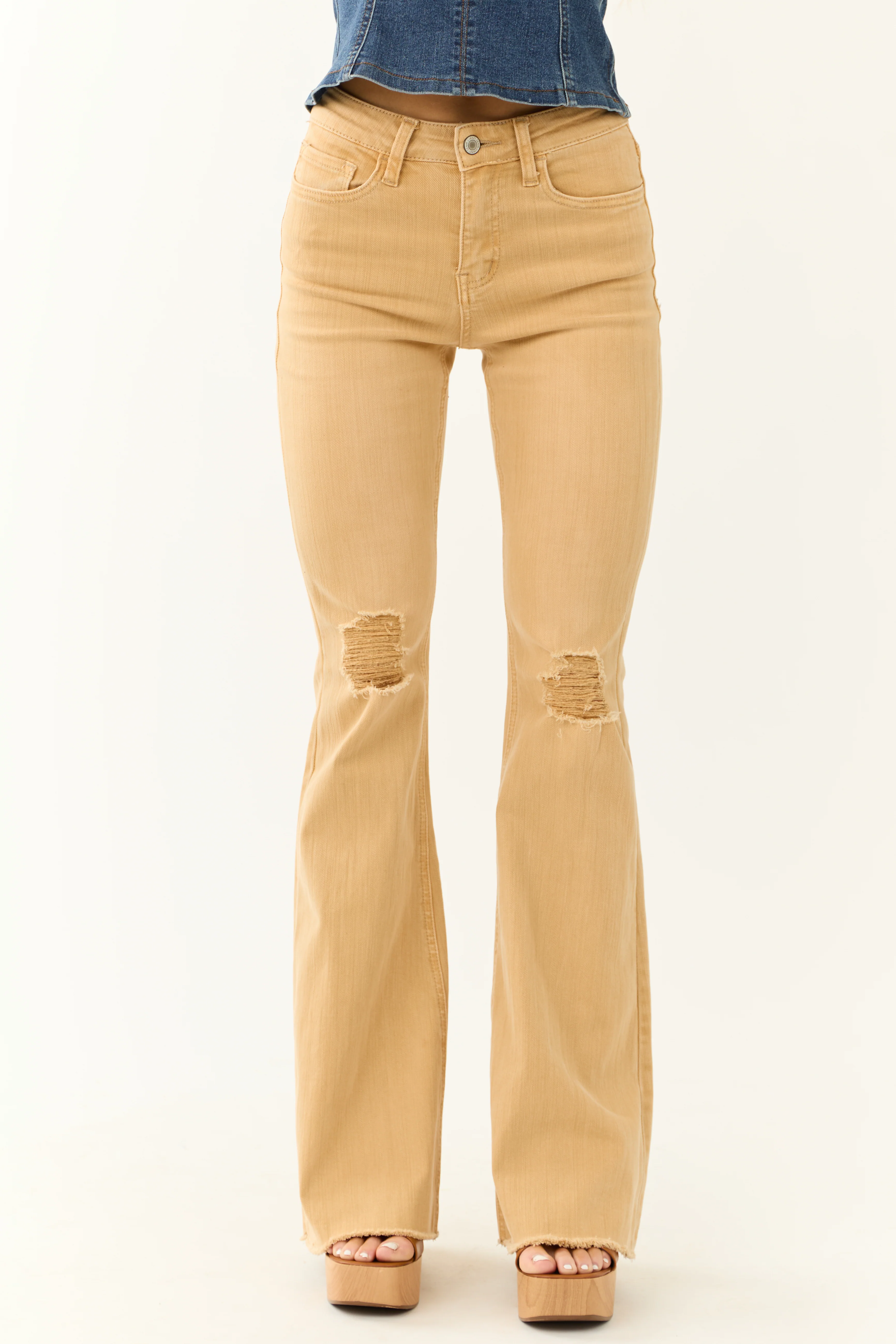 Vervet Light Mustard Flare Distressed Jeans - LD SALE