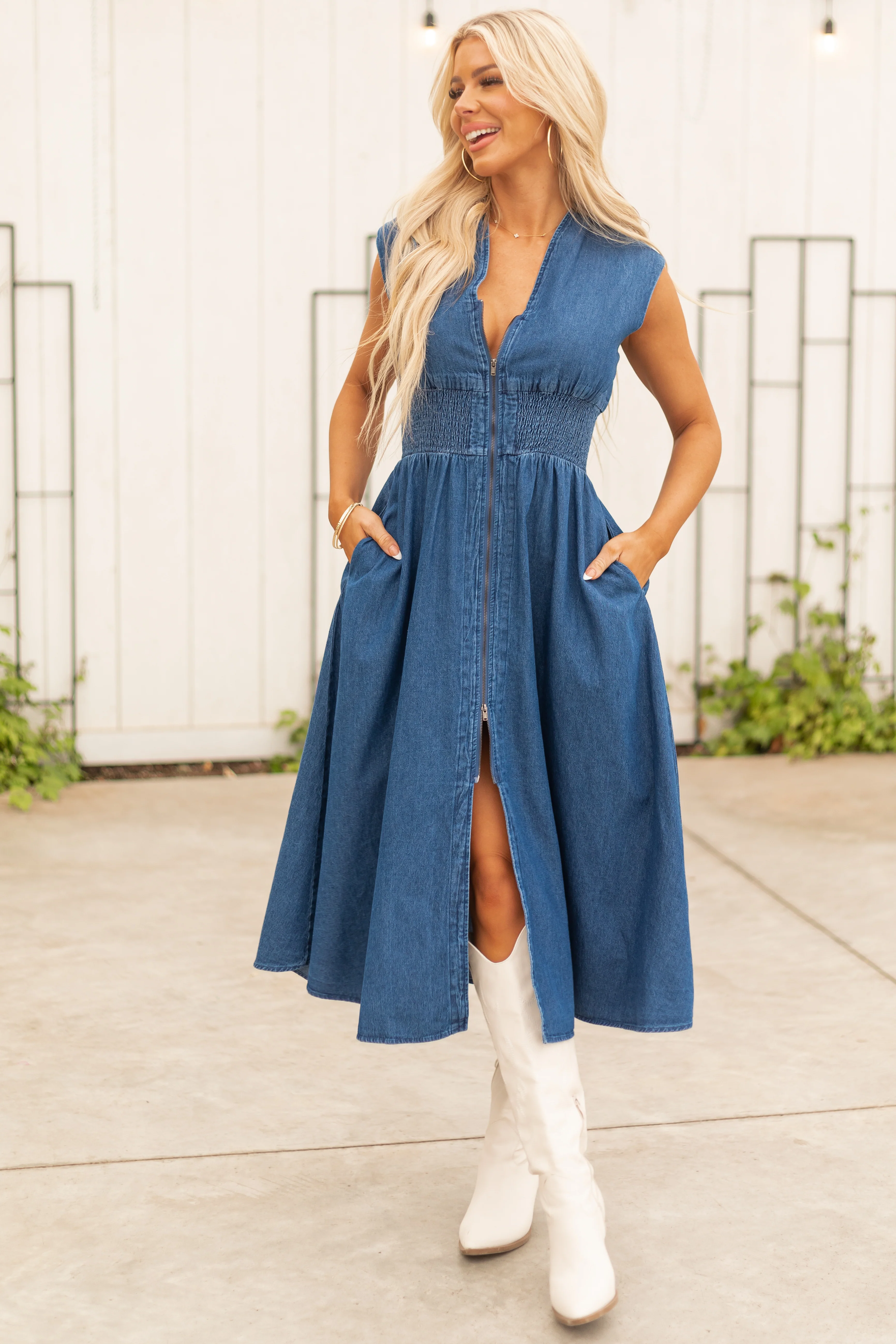 Dark Wash Denim Zip Up Cap Sleeve Midi Dress - LD SALE