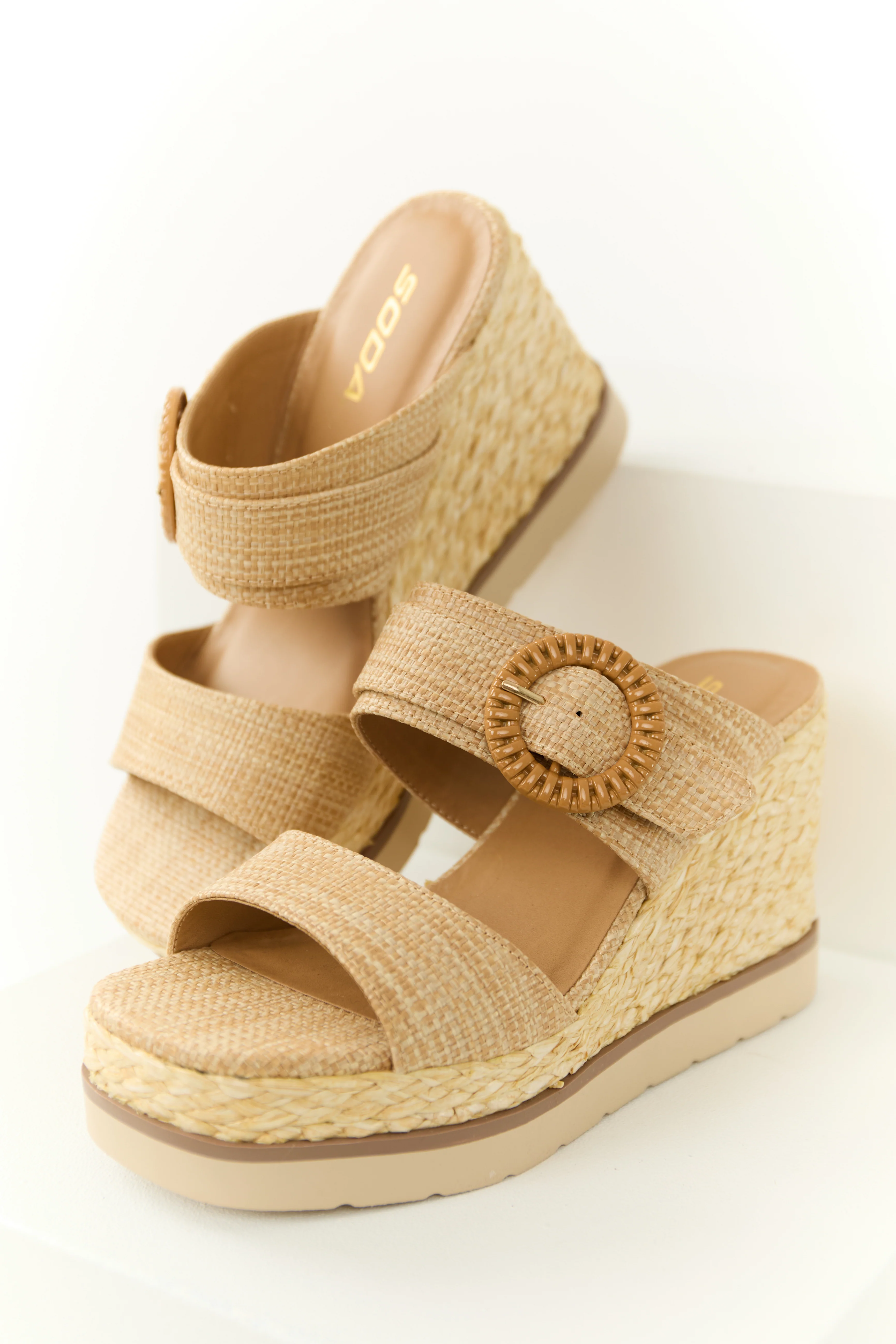 Latte Chunky Platform Raffia Wedge Heels - LD SALE