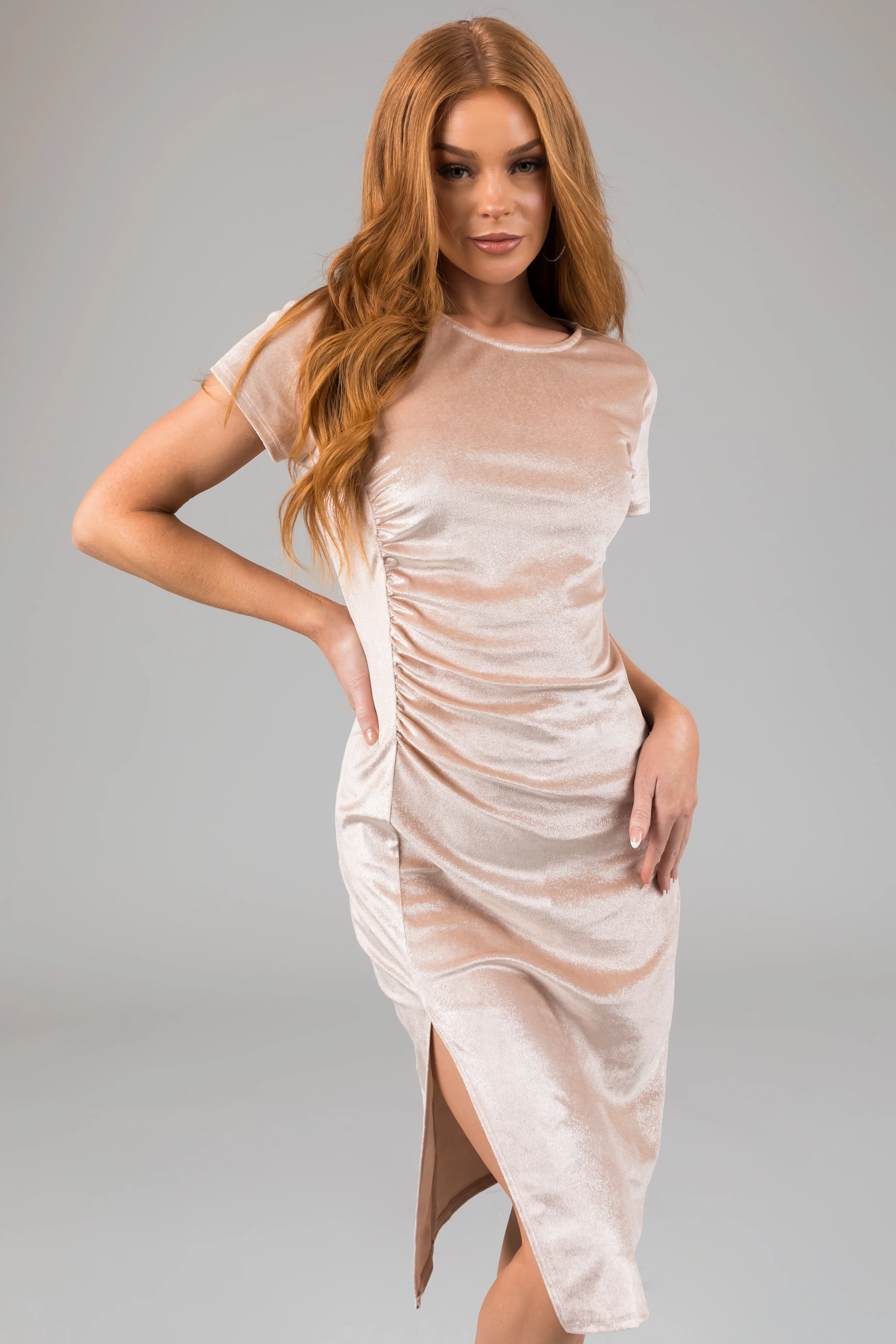 Champagne Sparkle Velvet Fitted Midi Dress - LD SALE