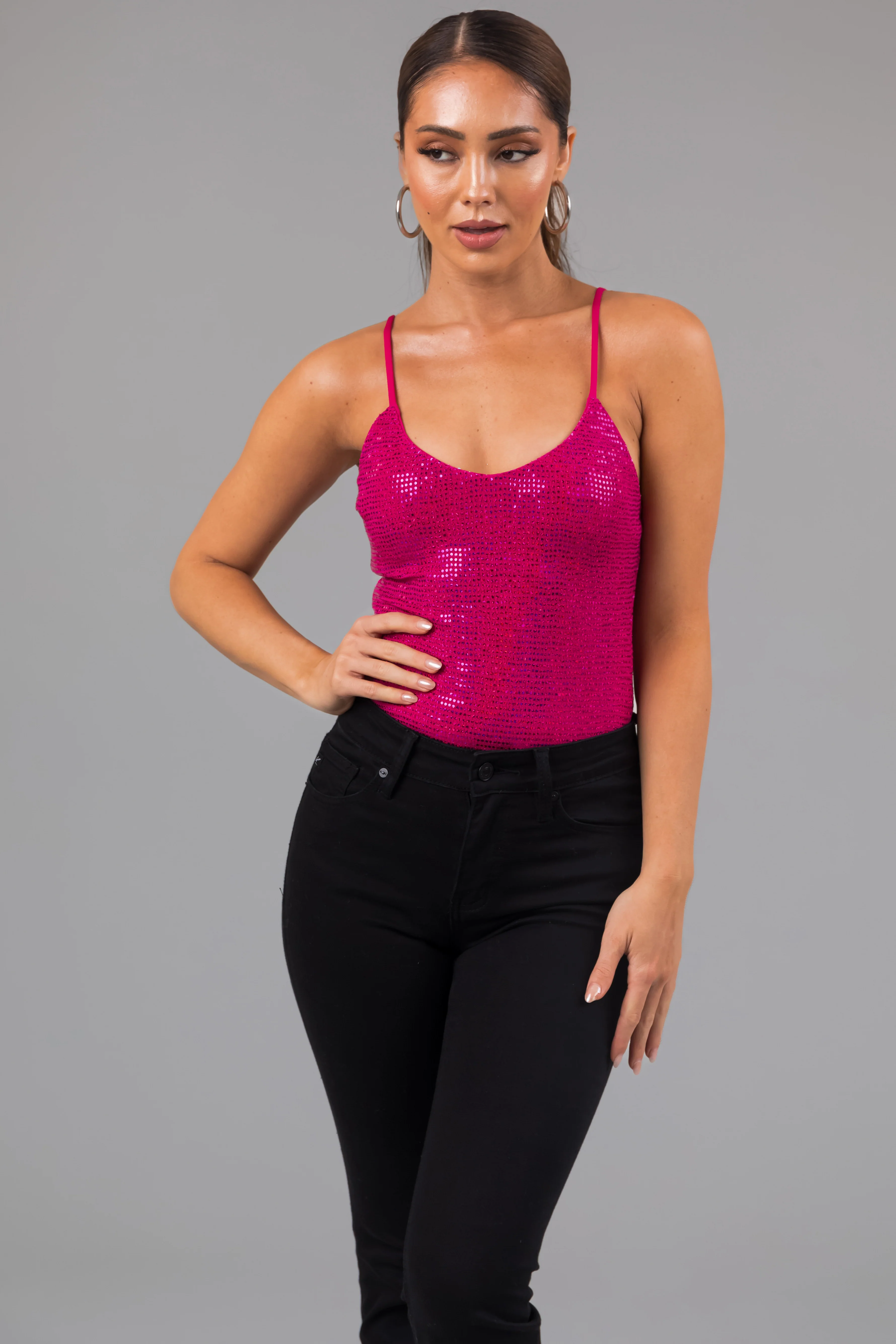 Magenta Strappy Back Sequined Bodysuit - LD SALE