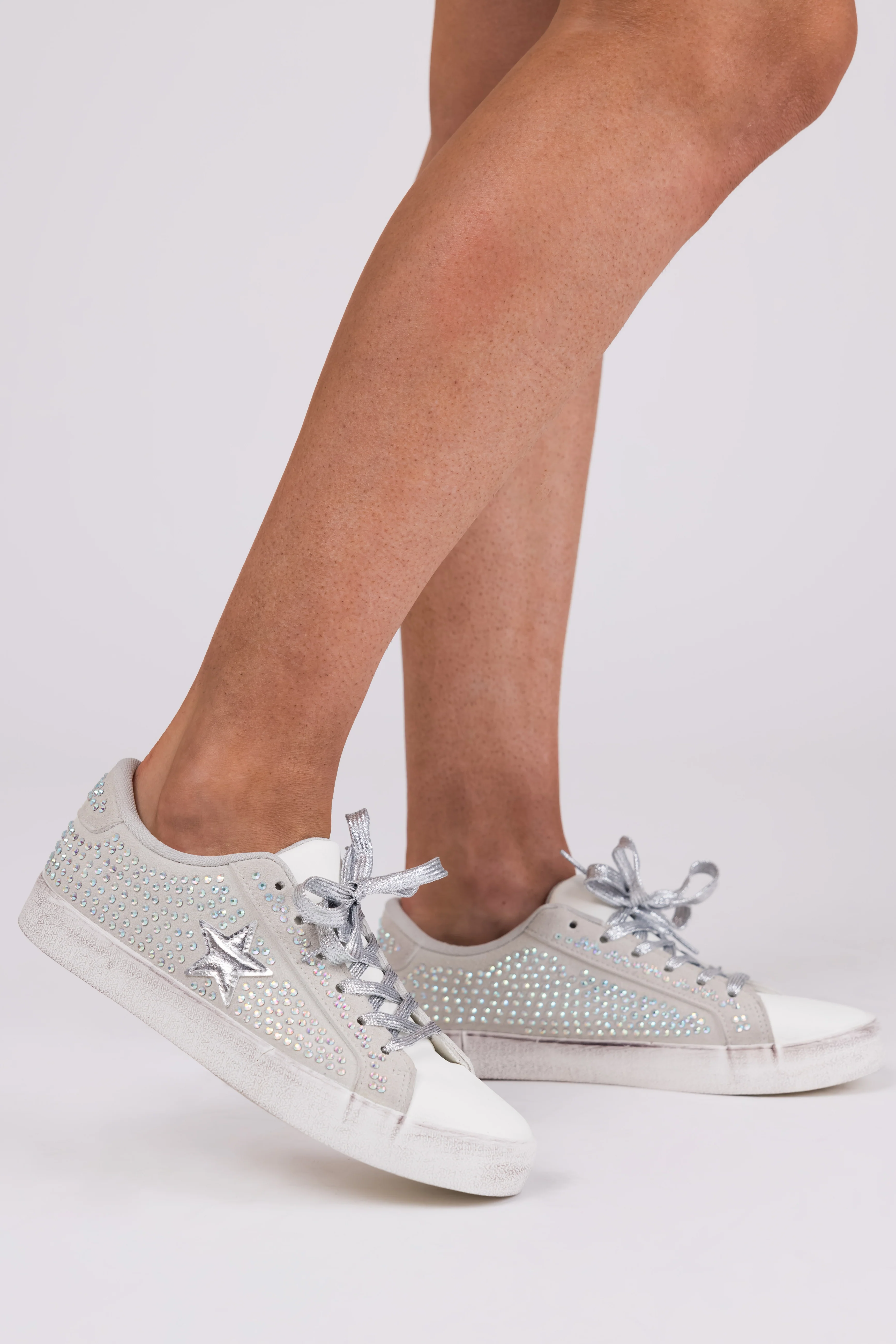 Grey Distressed Sole Rhinestone Sneakers - LD SALE