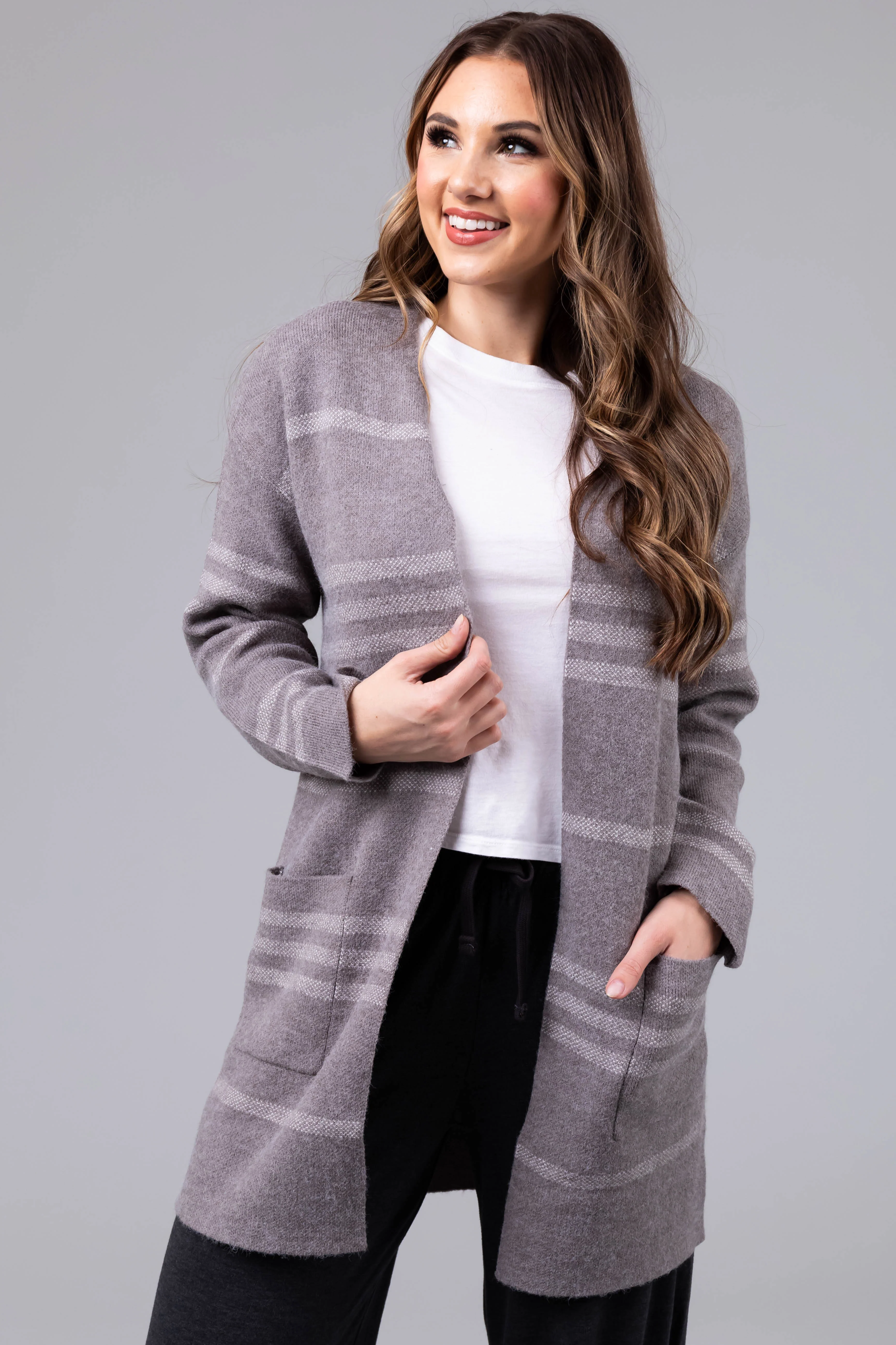 Stone Striped Open Front Knit Cardigan - LD SALE