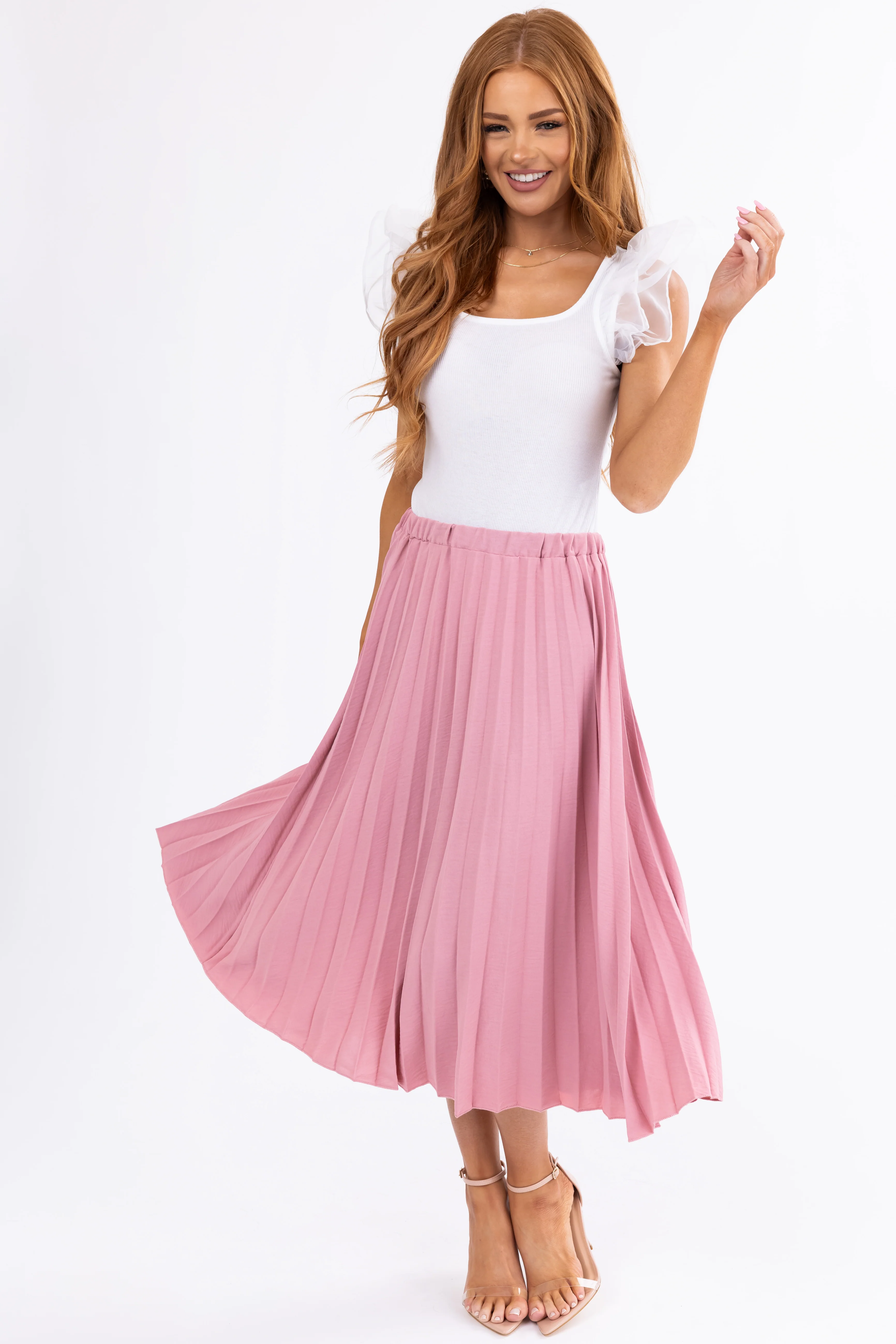 Hazy Pink Pleated Elastic Waist Midi Skirt - LD SALE
