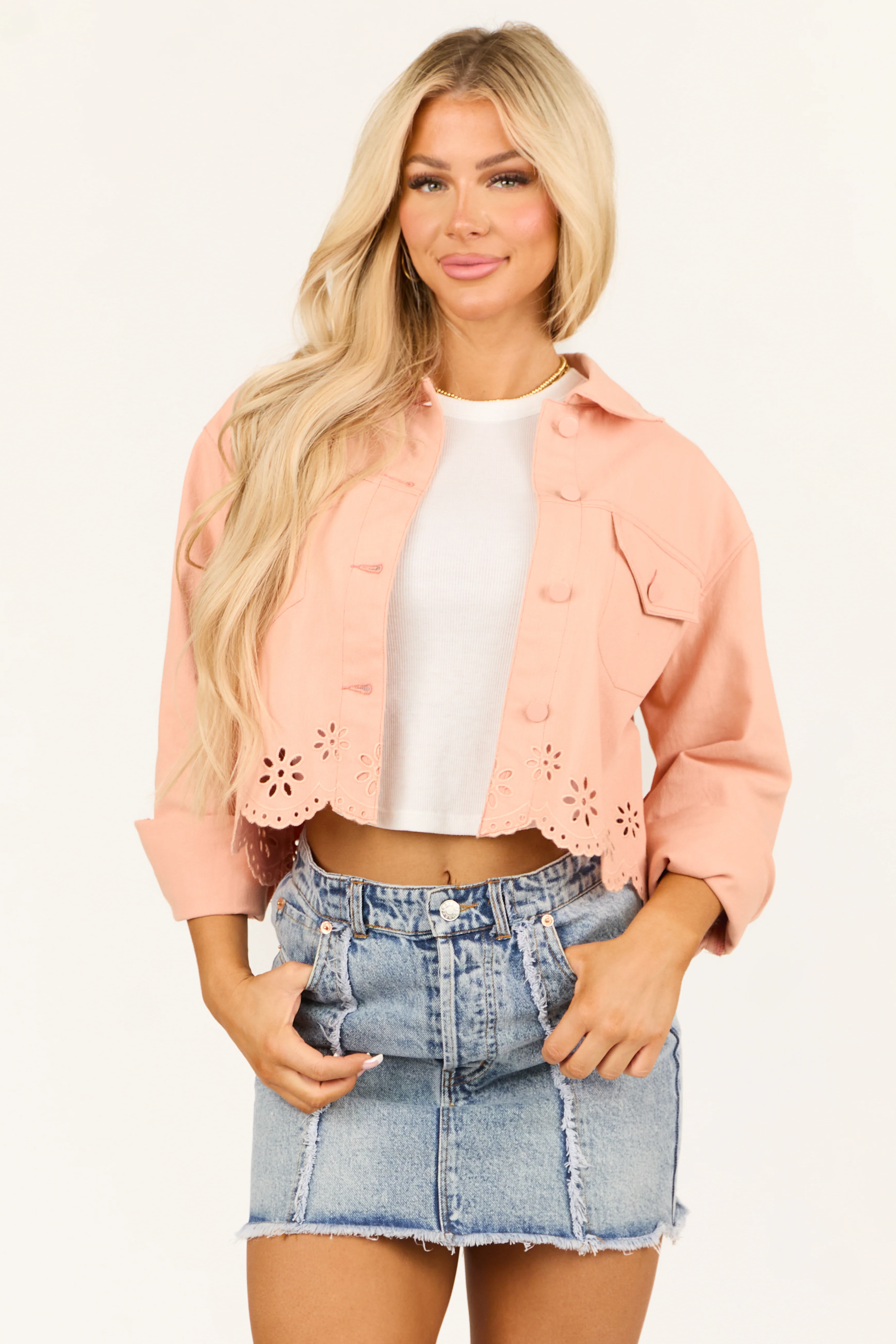 Light Peach Button Down Embroidered Denim Jacket - LD SALE