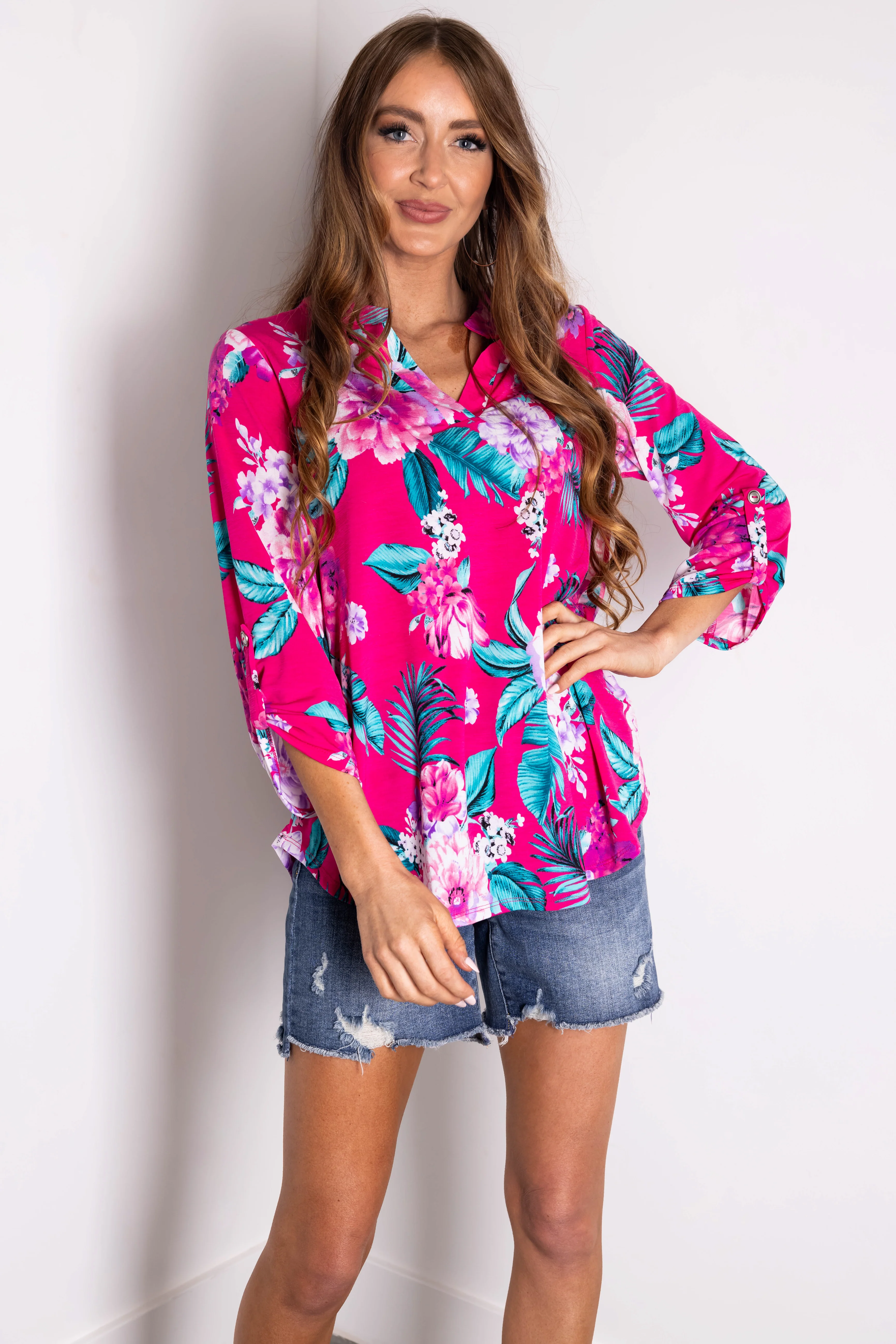 Magenta Floral Print 3/4 Sleeve V Neck Top - LD SALE