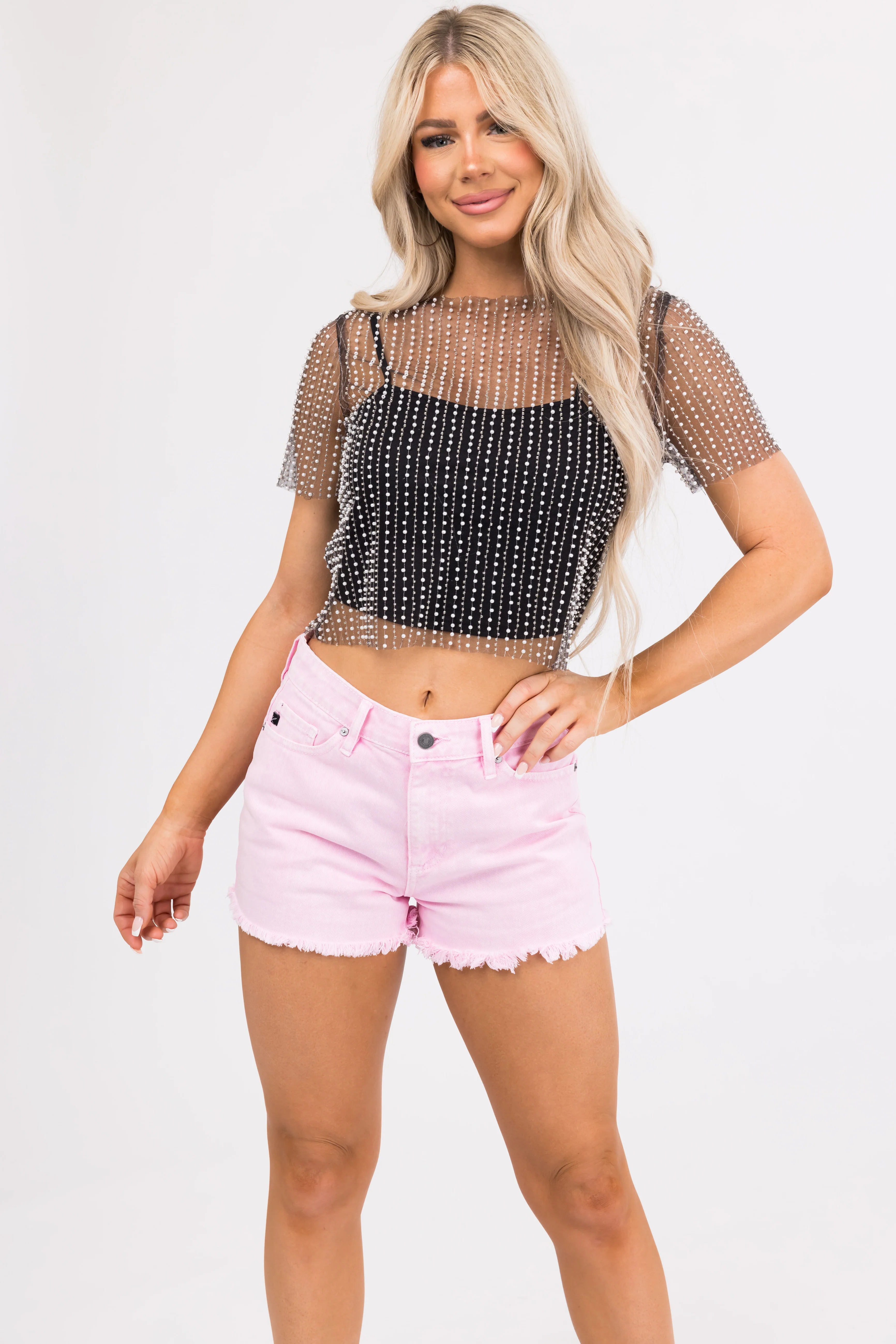 Black Pearl Bead Mesh Top with Tank Top - LD SALE