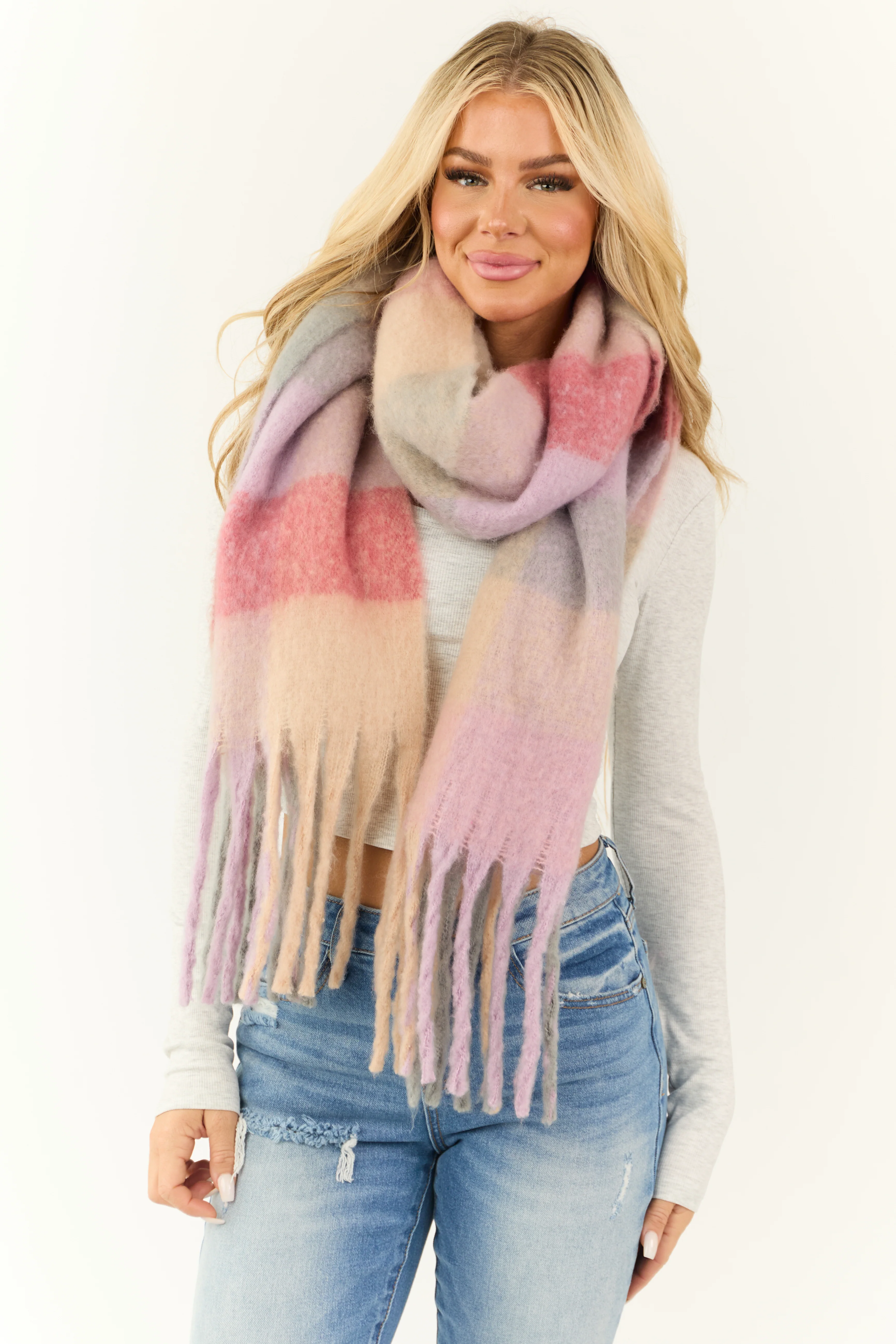 Mauve Plaid Cozy Oversized Long Fringe Scarf - LD SALE