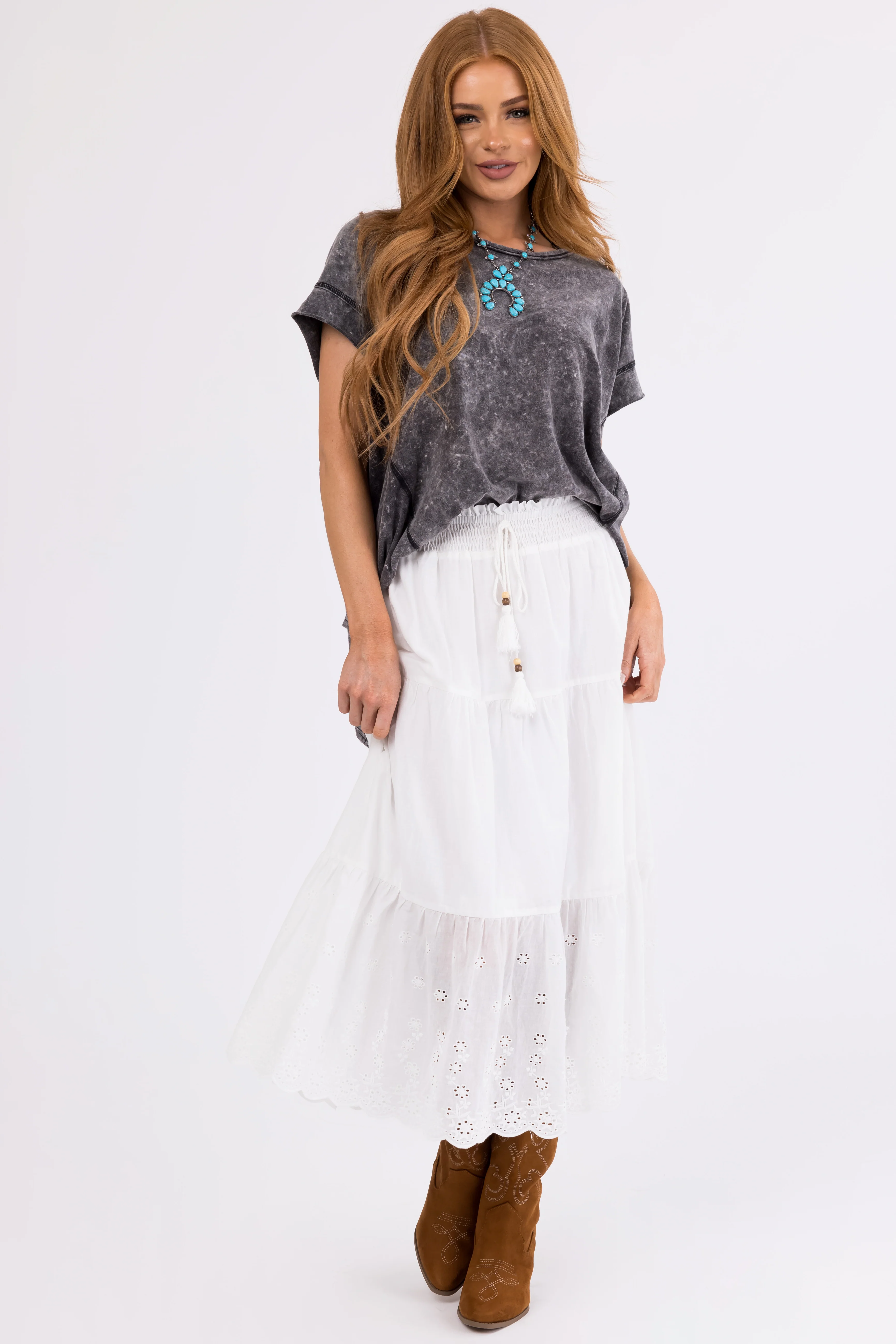 Off White Eyelet Detail Tiered Midi Skirt - LD SALE