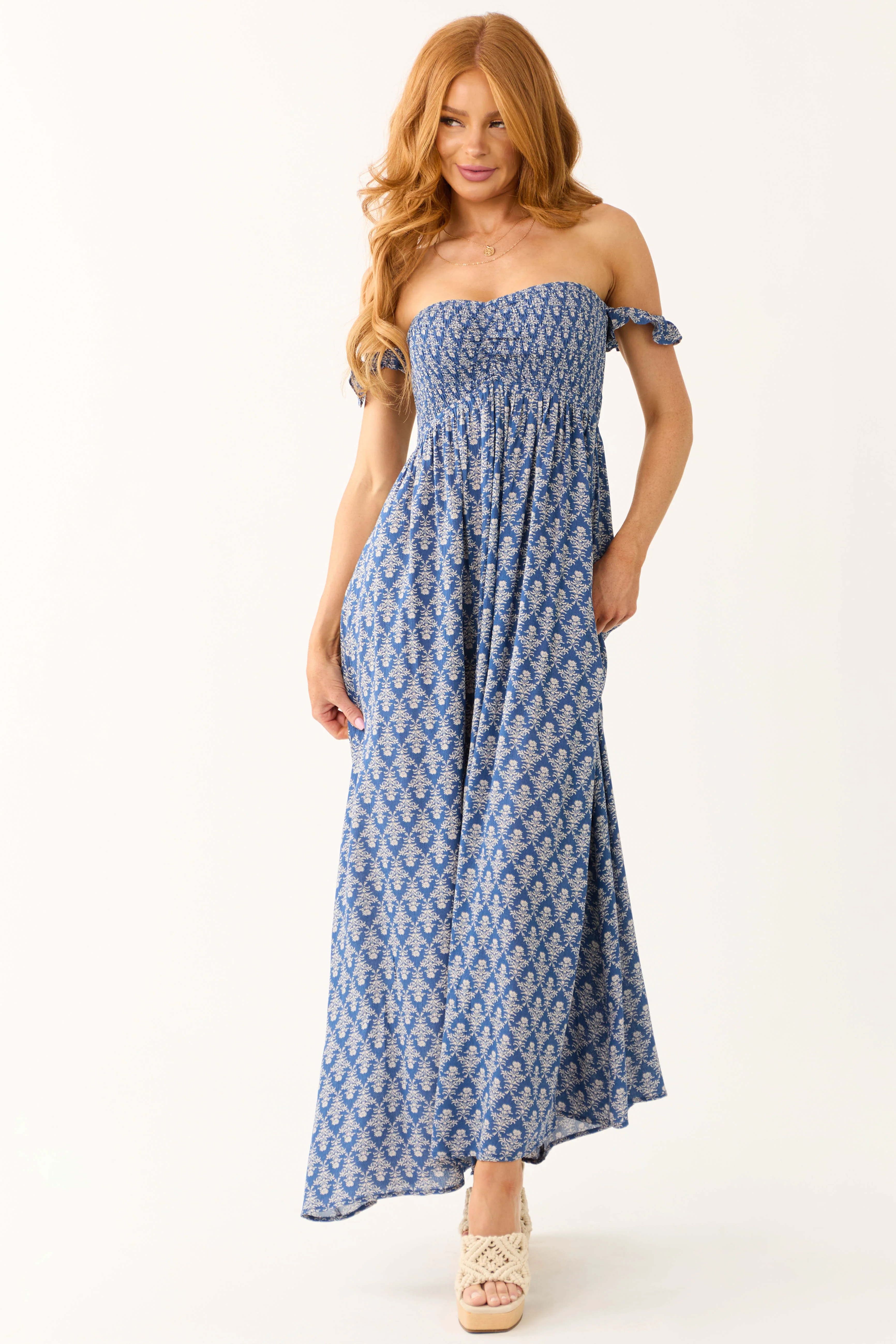 Cobalt Printed Off the Shoulder Maxi Dress - LD SALE
