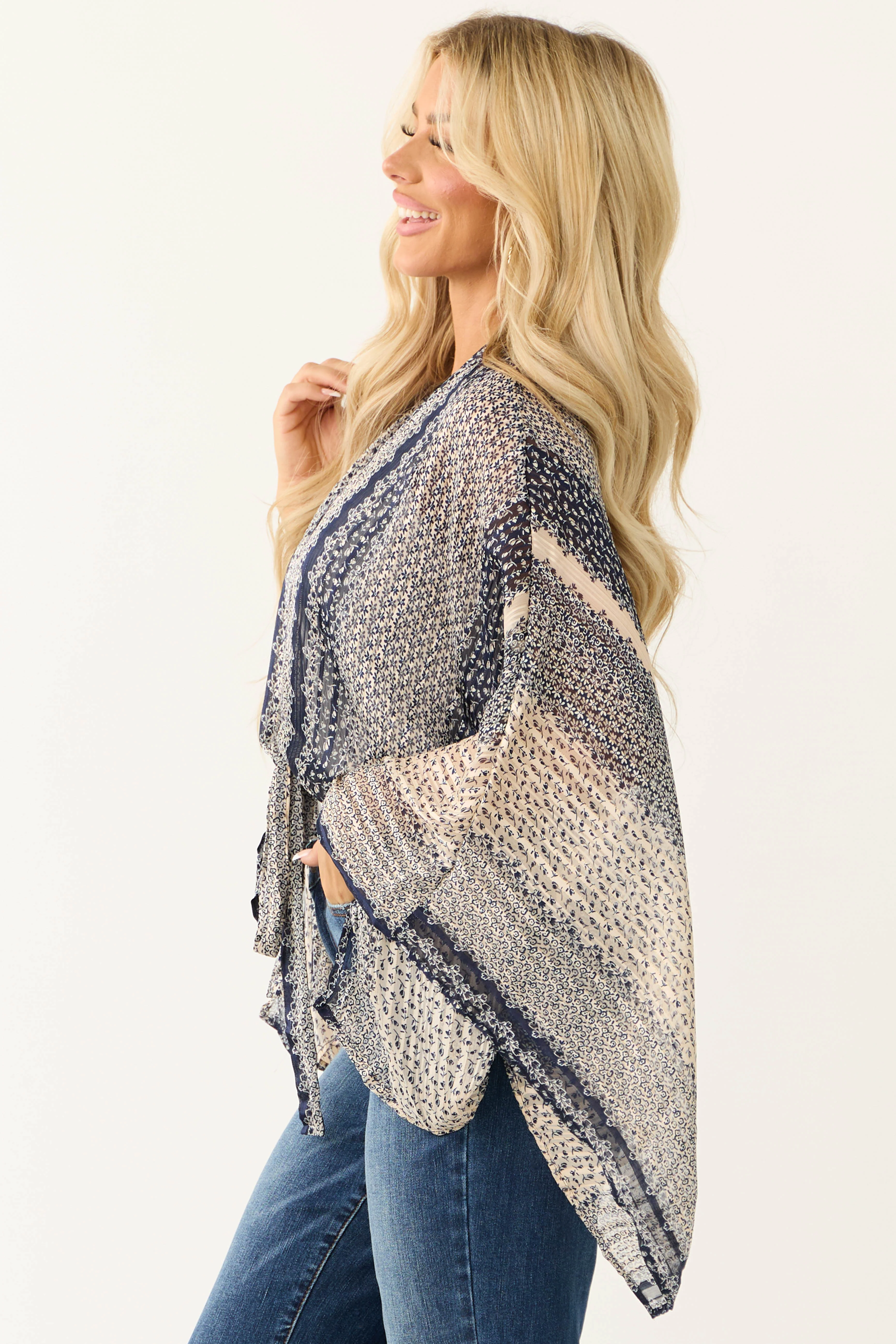 Navy Multi Print Front Tie Long Sleeve Kimono - LD SALE