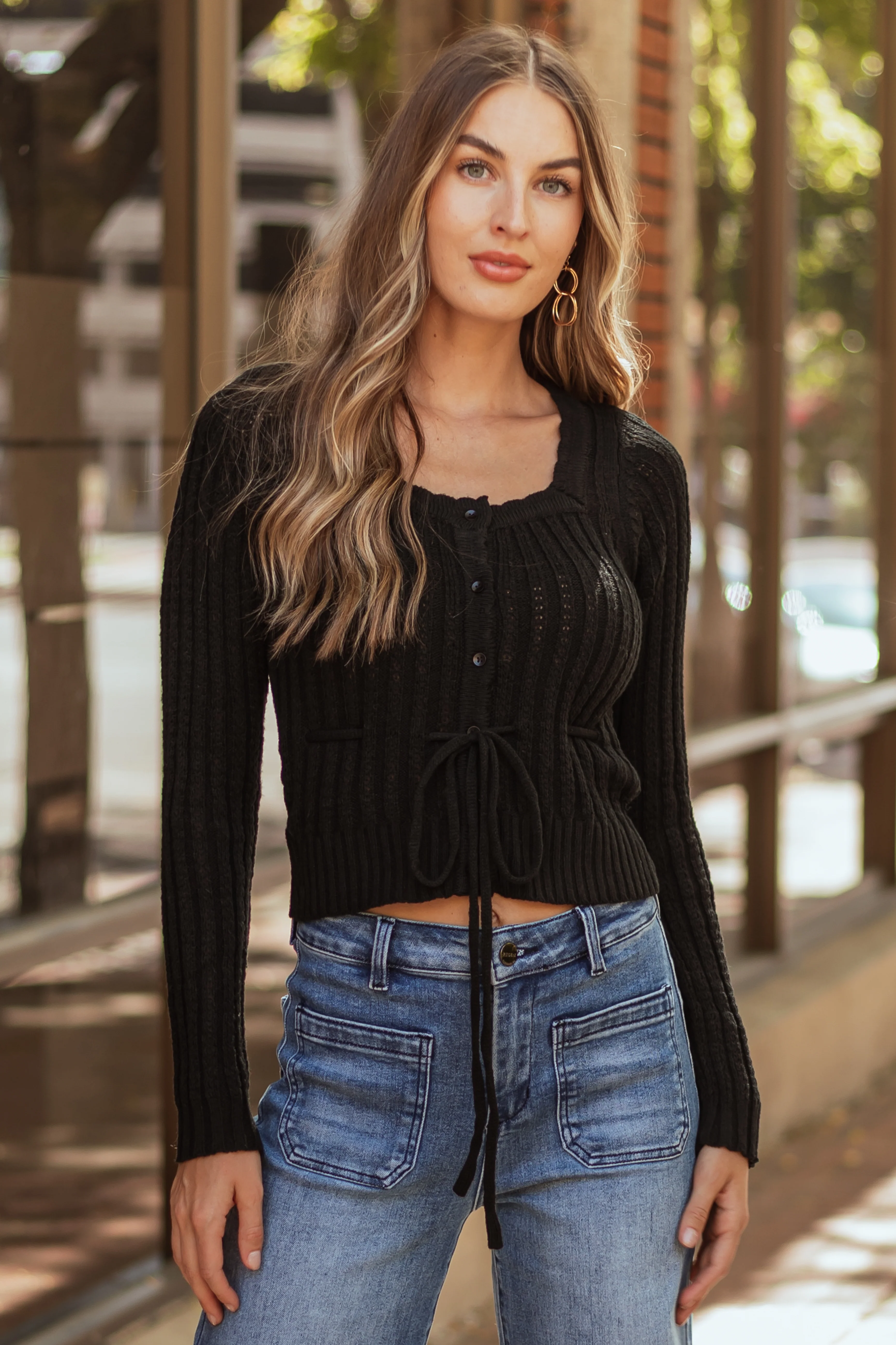 Black Button Down Front Tie Square Neck Cardigan - LD SALE