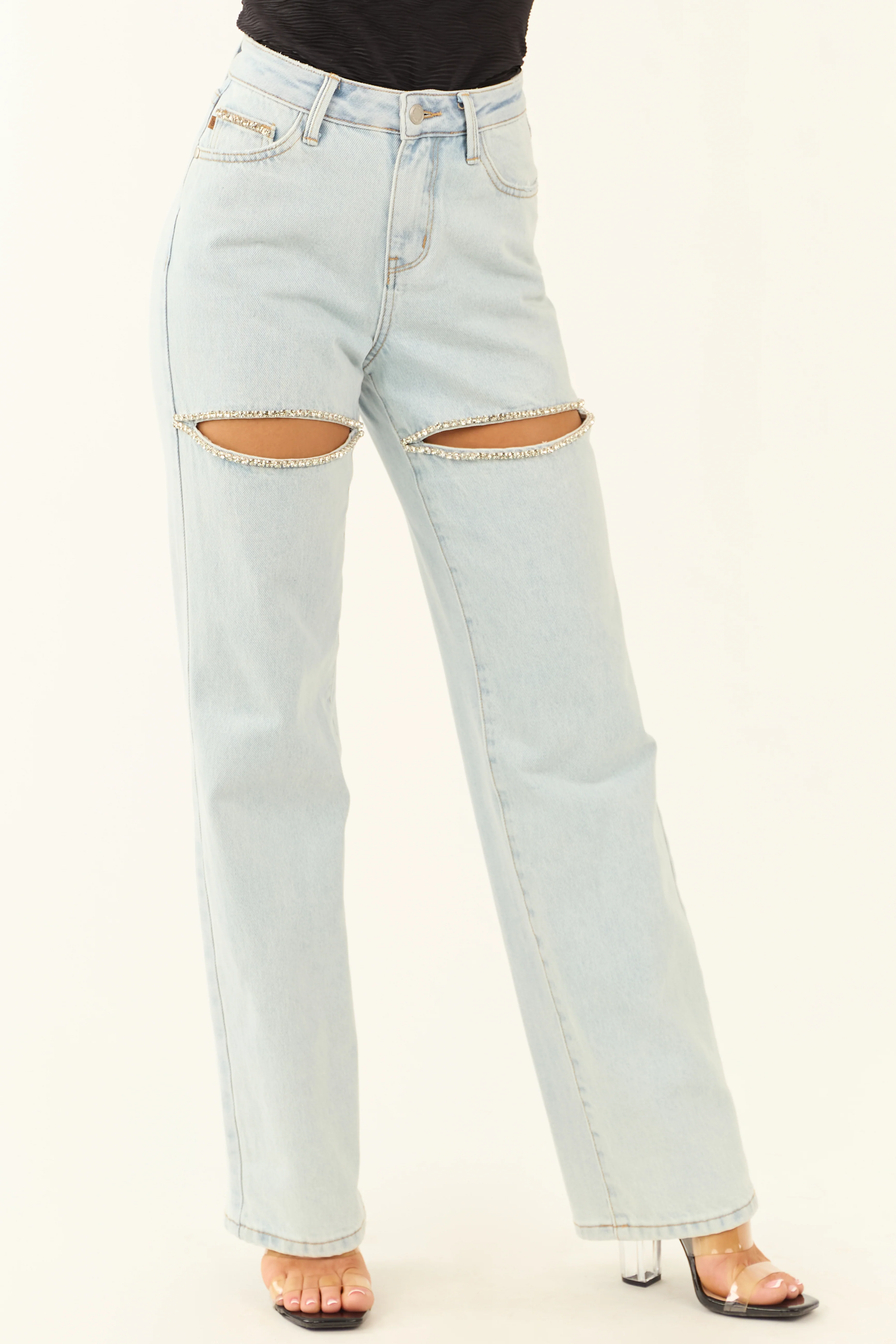 Judy Blue Rhinestone Slit Stretchy Straight Jeans - LD SALE