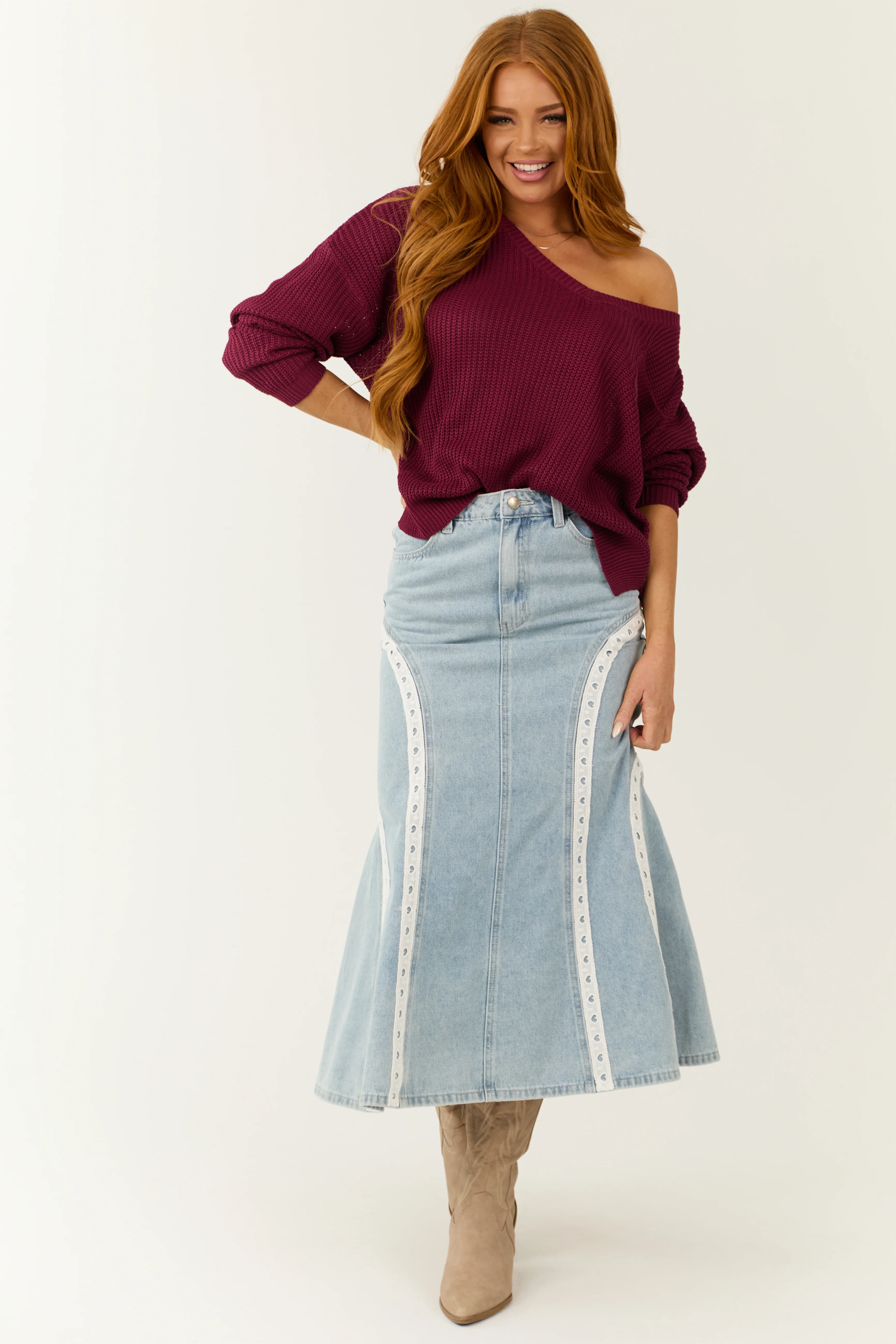 Light Wash Lace Trim Mermaid Flare Midi Skirt - LD SALE